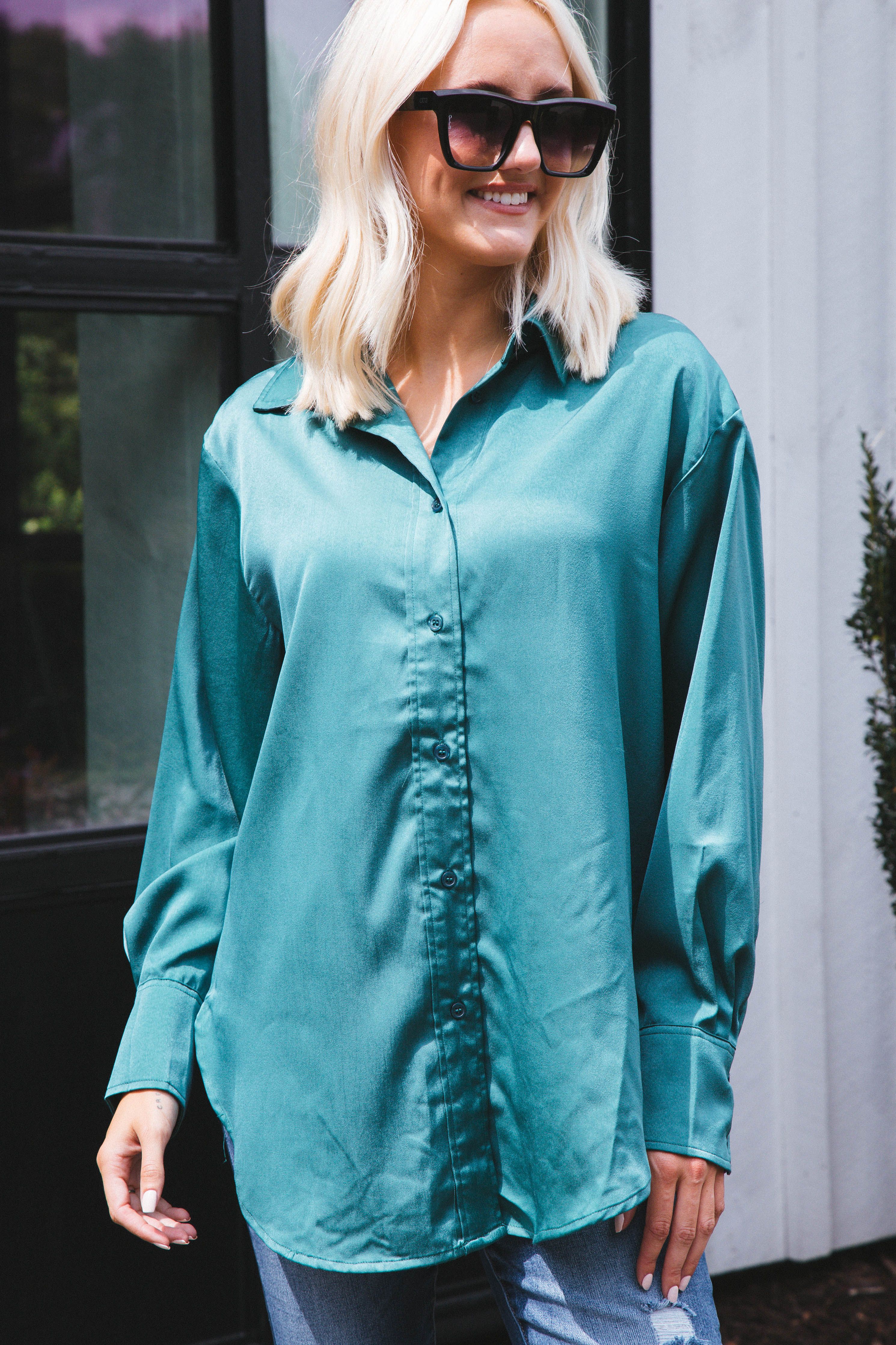 Marlene Satin Button Down Shirt, Green sold by North & Main Clothing Company product image thumbnail 5