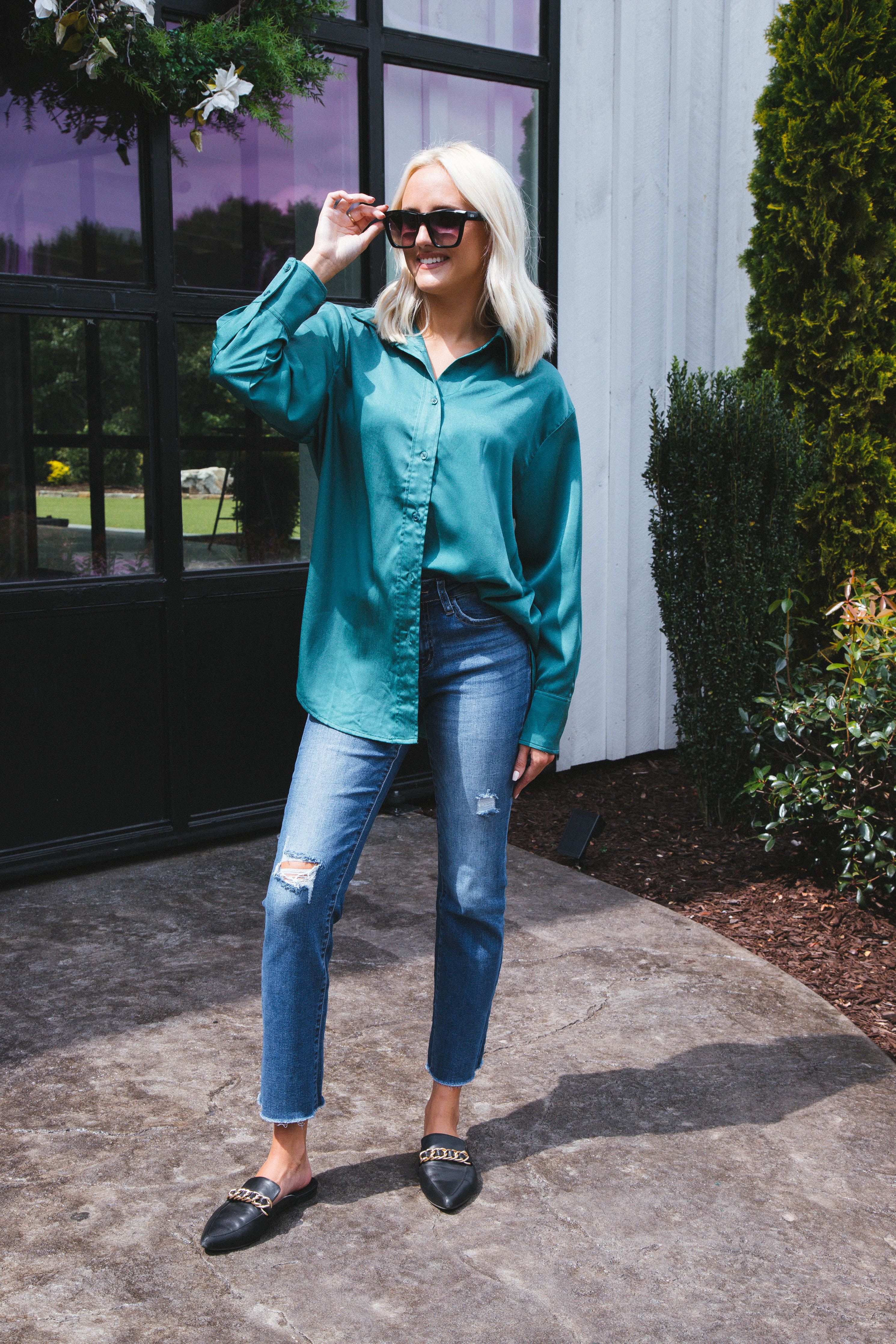 Marlene Satin Button Down Shirt, Green sold by North & Main Clothing Company product image thumbnail 2