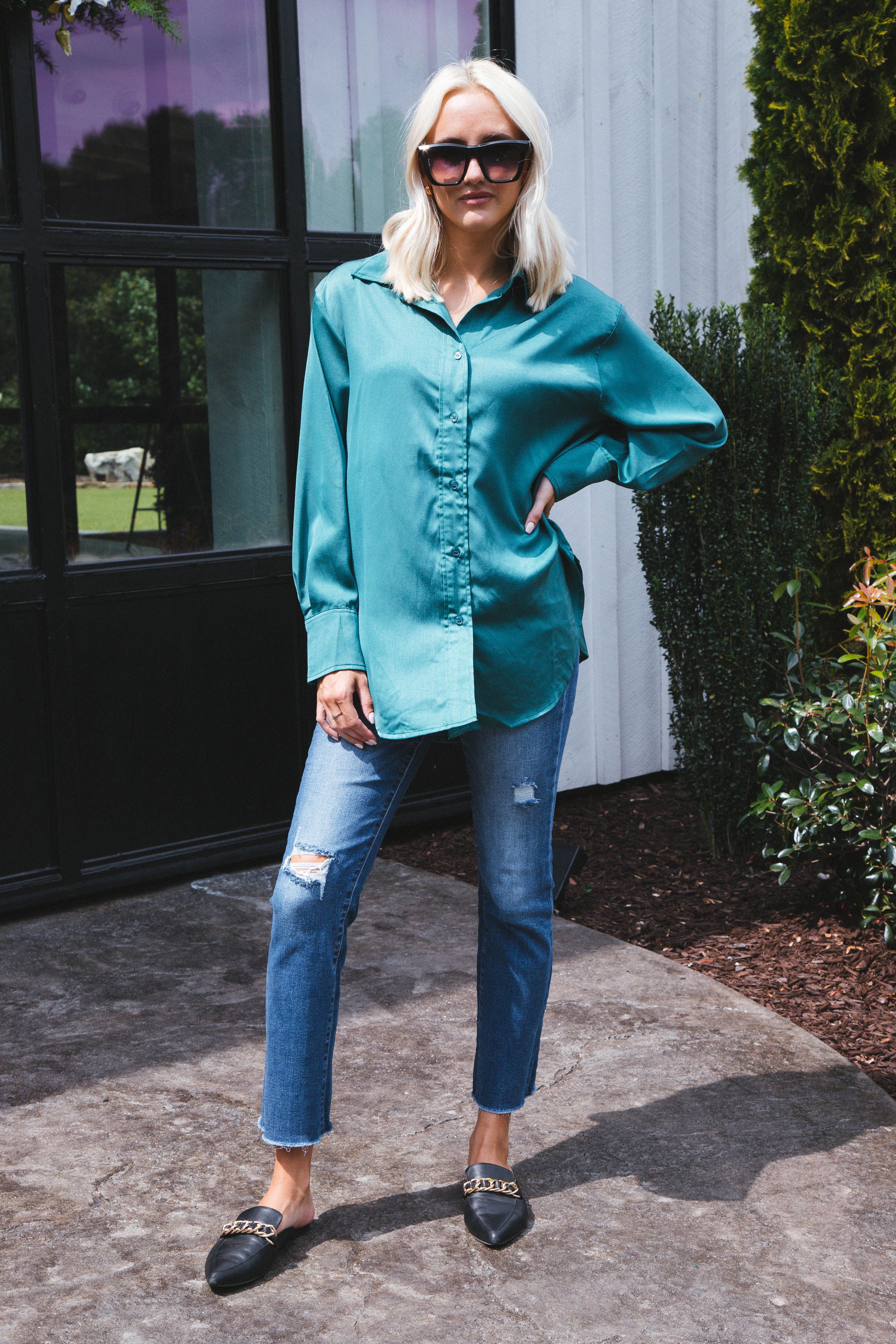 Marlene Satin Button Down Shirt, Green sold by North & Main Clothing Company product image thumbnail 3