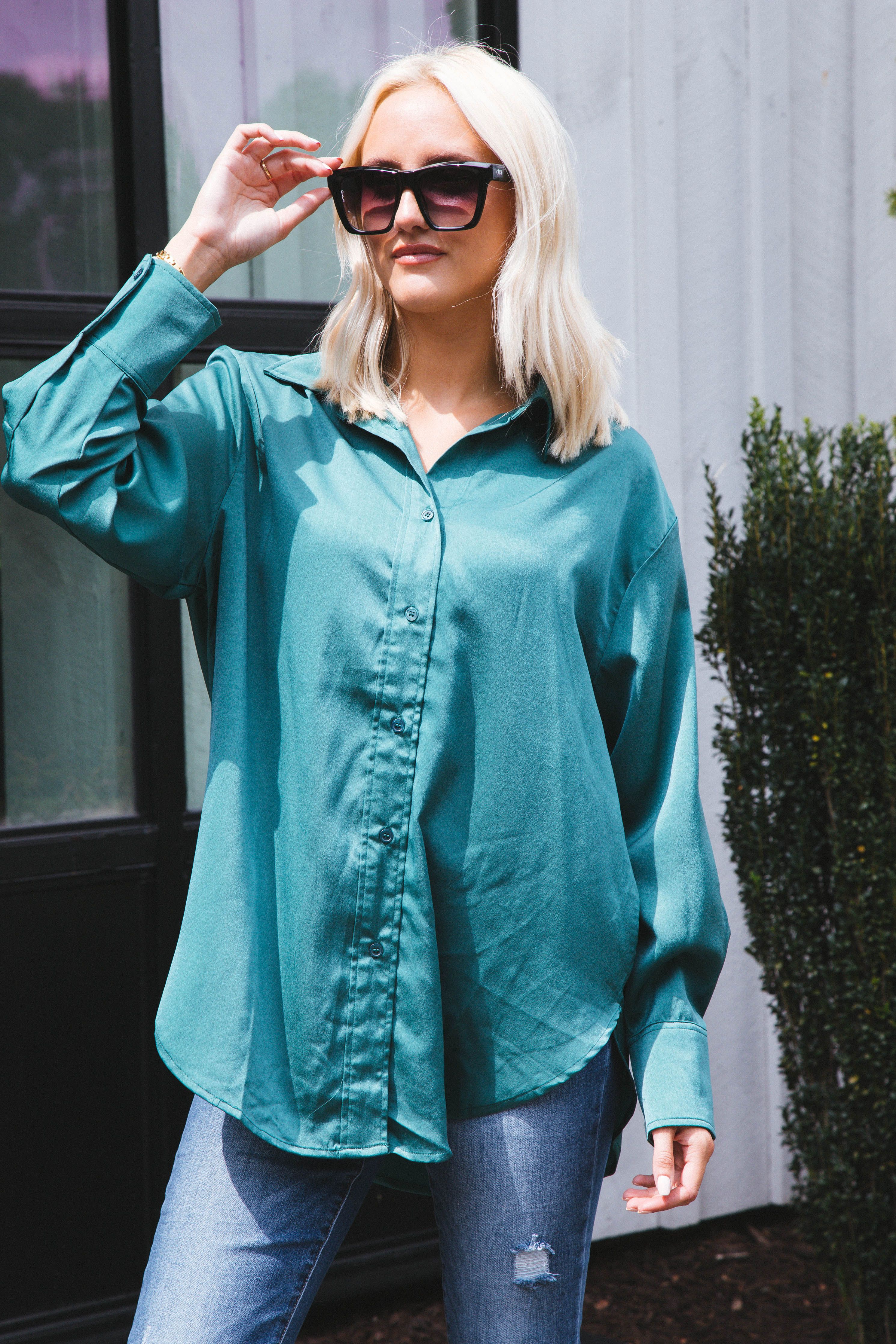 Marlene Satin Button Down Shirt, Green sold by North & Main Clothing Company product image thumbnail 4
