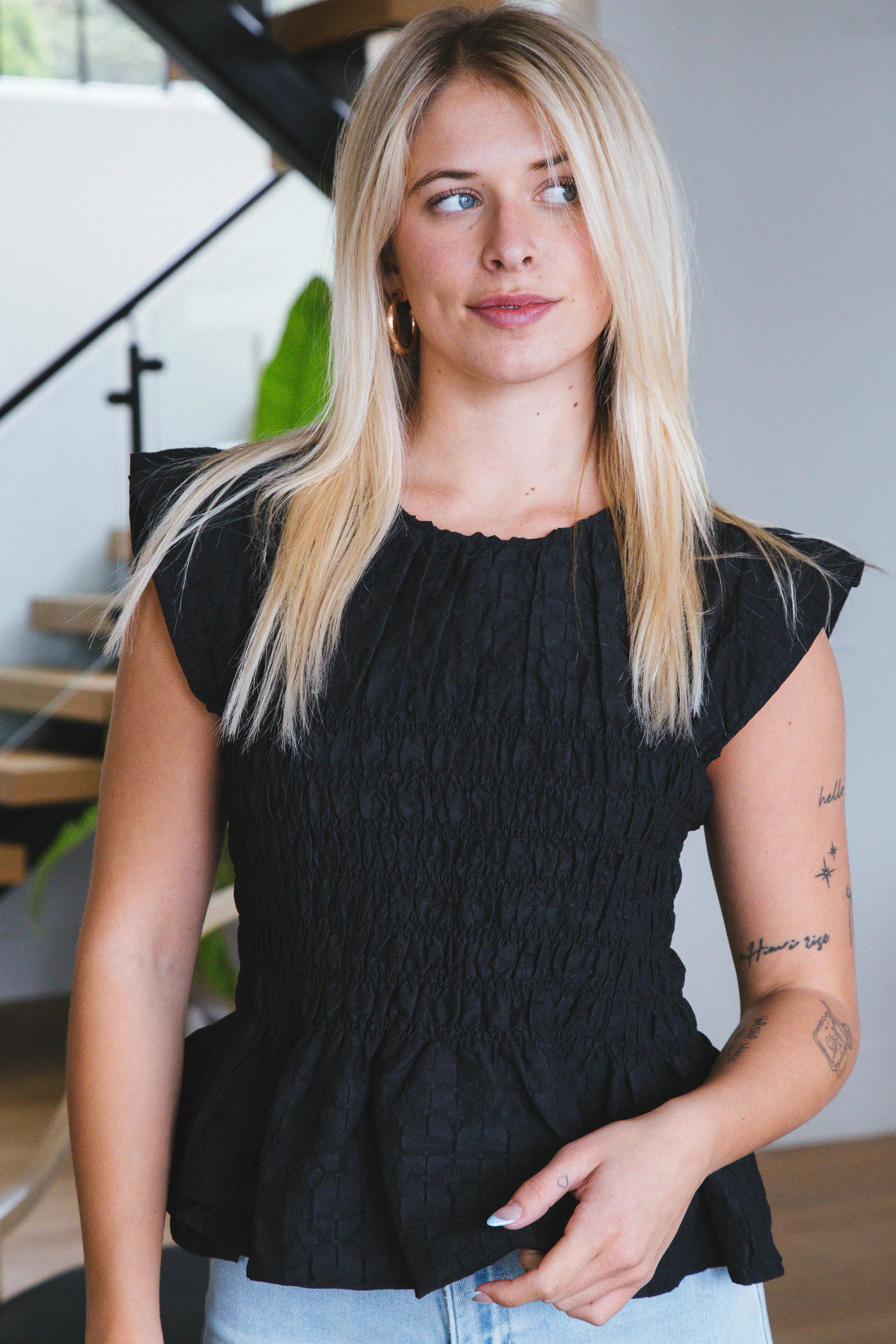 Quinn Flutter Sleeve Peplum Top, Black sold by North & Main Clothing Company product image thumbnail 3