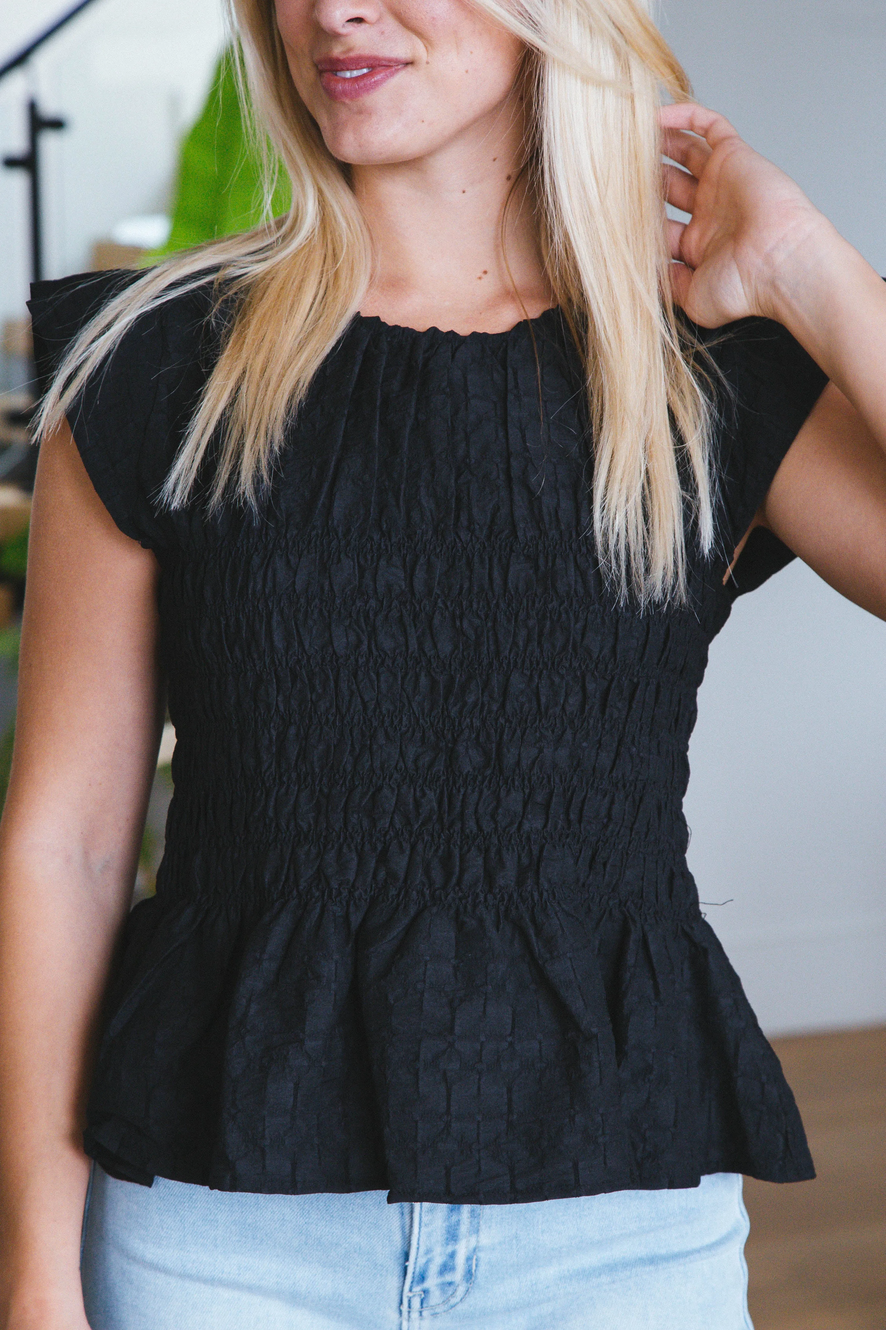 Quinn Flutter Sleeve Peplum Top, Black sold by North & Main Clothing Company product image thumbnail 5