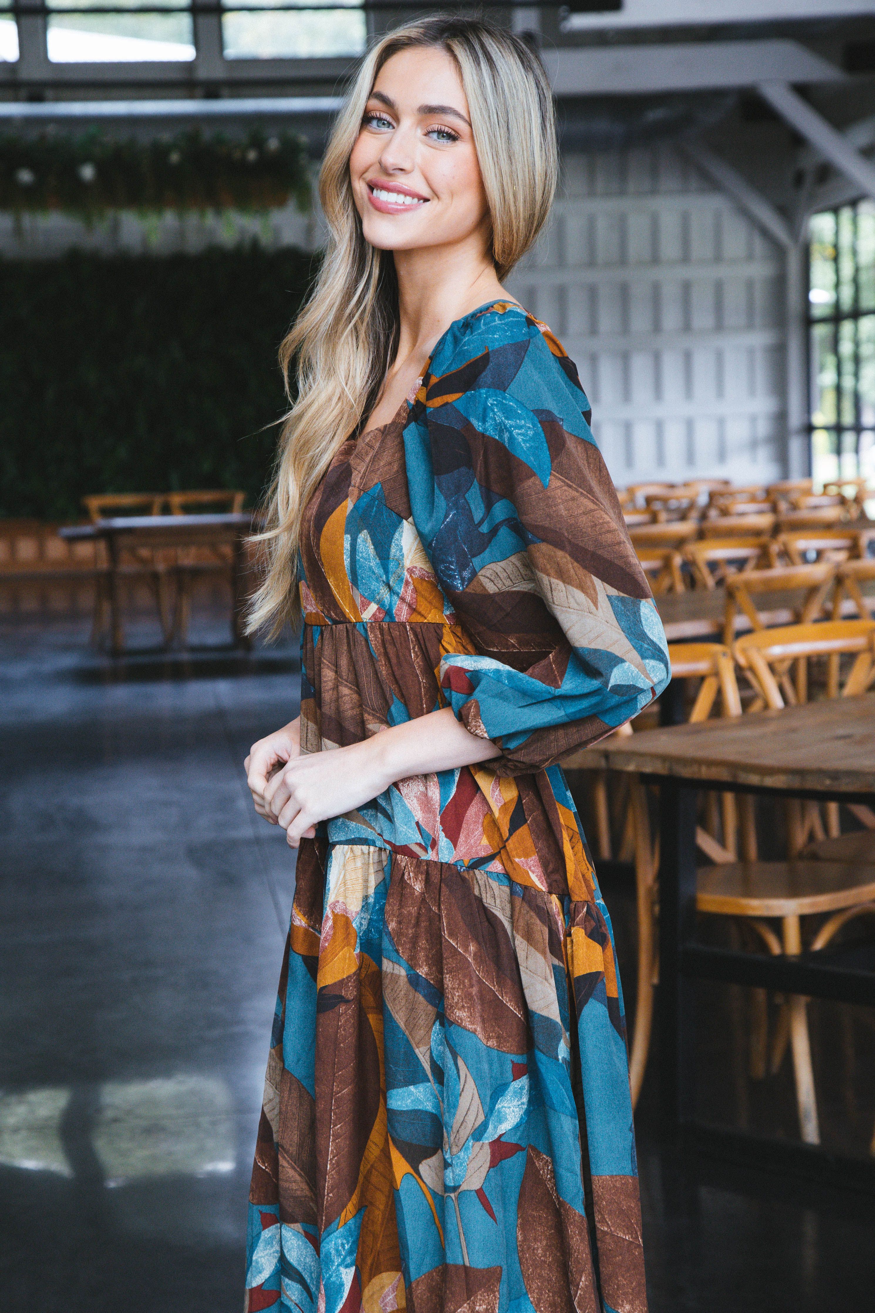 Autumn Nights Tiered Midi Dress, Teal Multi sold by North & Main Clothing Company product image thumbnail 2