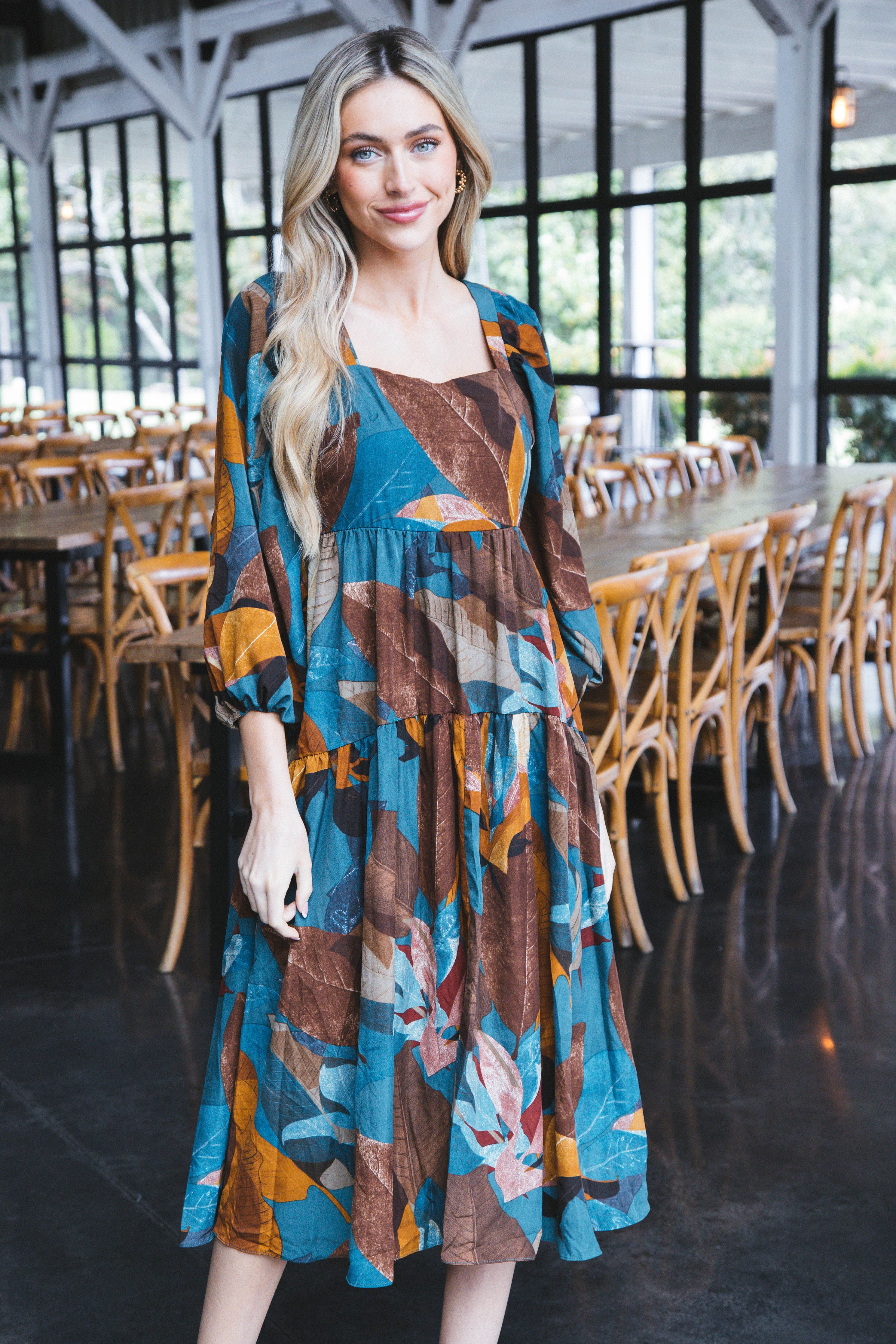 Autumn Nights Tiered Midi Dress, Teal Multi sold by North & Main Clothing Company product image thumbnail 5