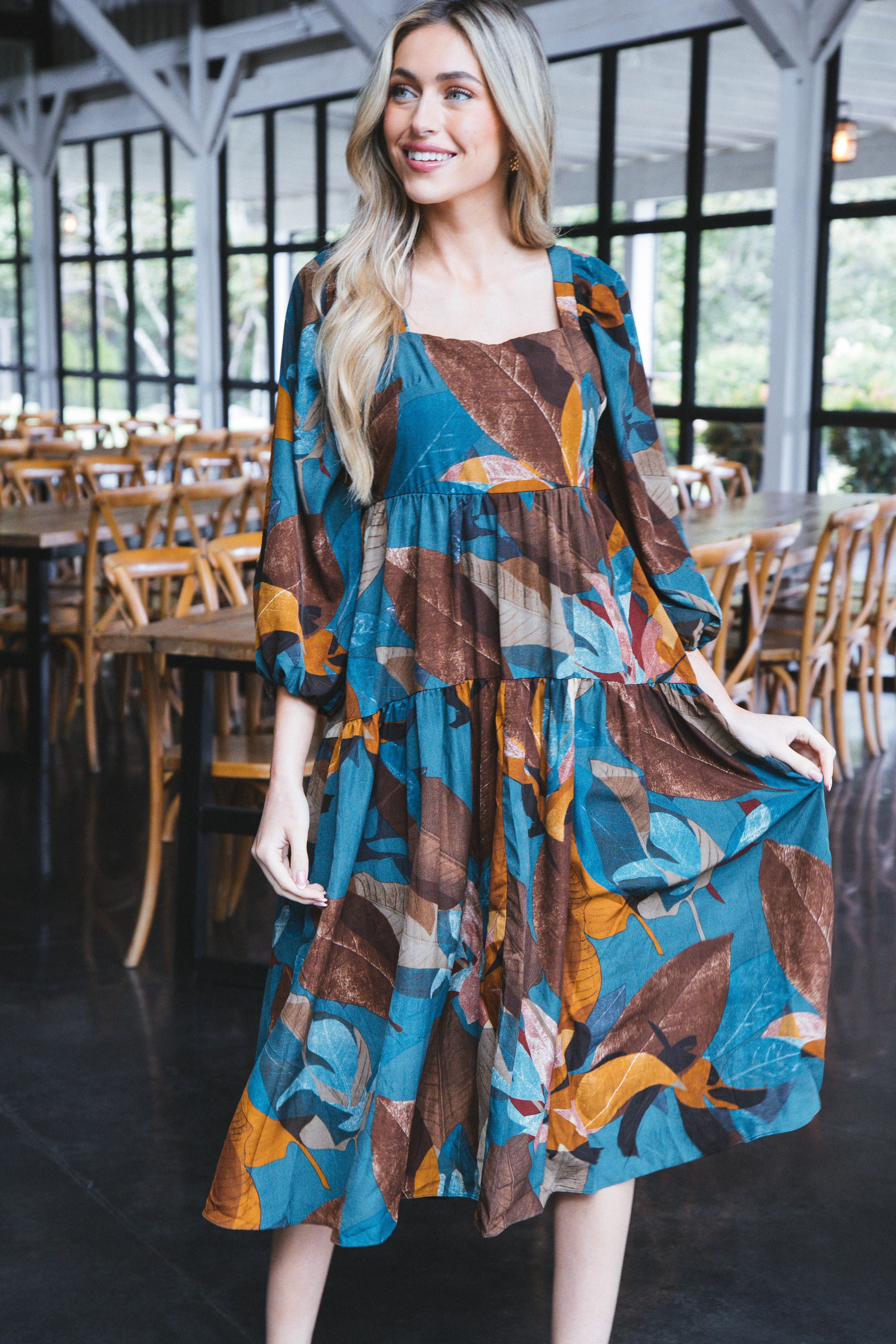 Autumn Nights Tiered Midi Dress, Teal Multi sold by North & Main Clothing Company product image thumbnail 3