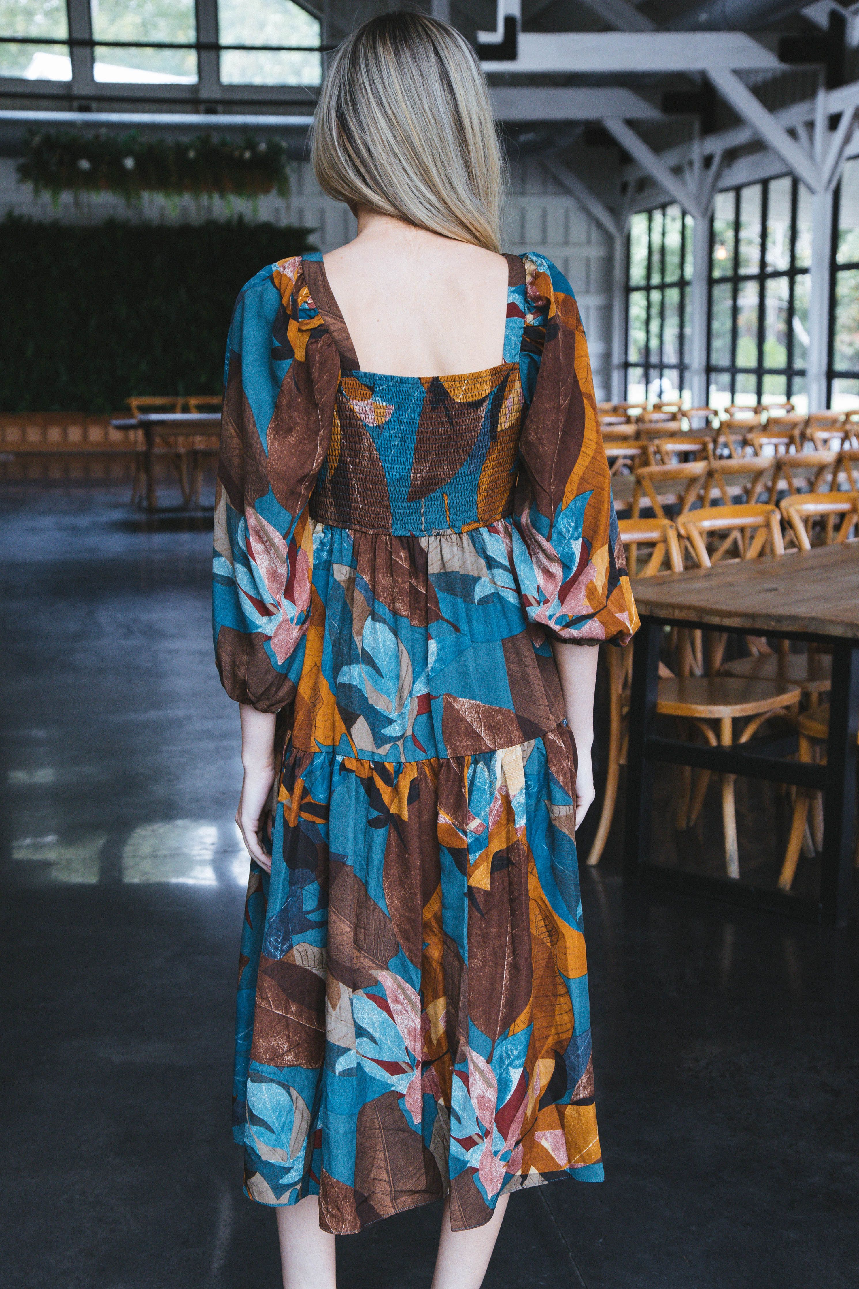 Autumn Nights Tiered Midi Dress, Teal Multi sold by North & Main Clothing Company product image thumbnail 4