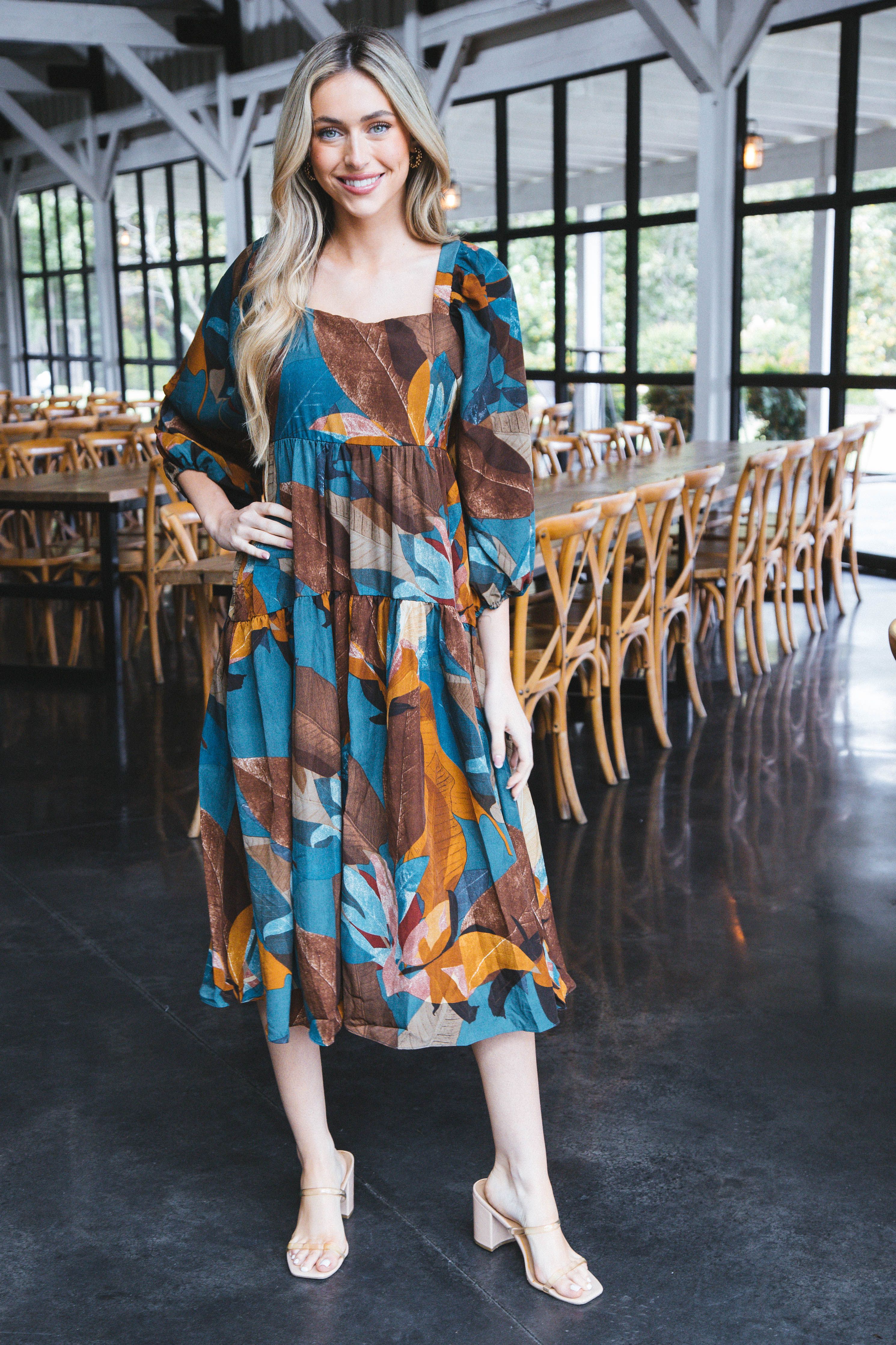 Autumn Nights Tiered Midi Dress, Teal Multi sold by North & Main Clothing Company