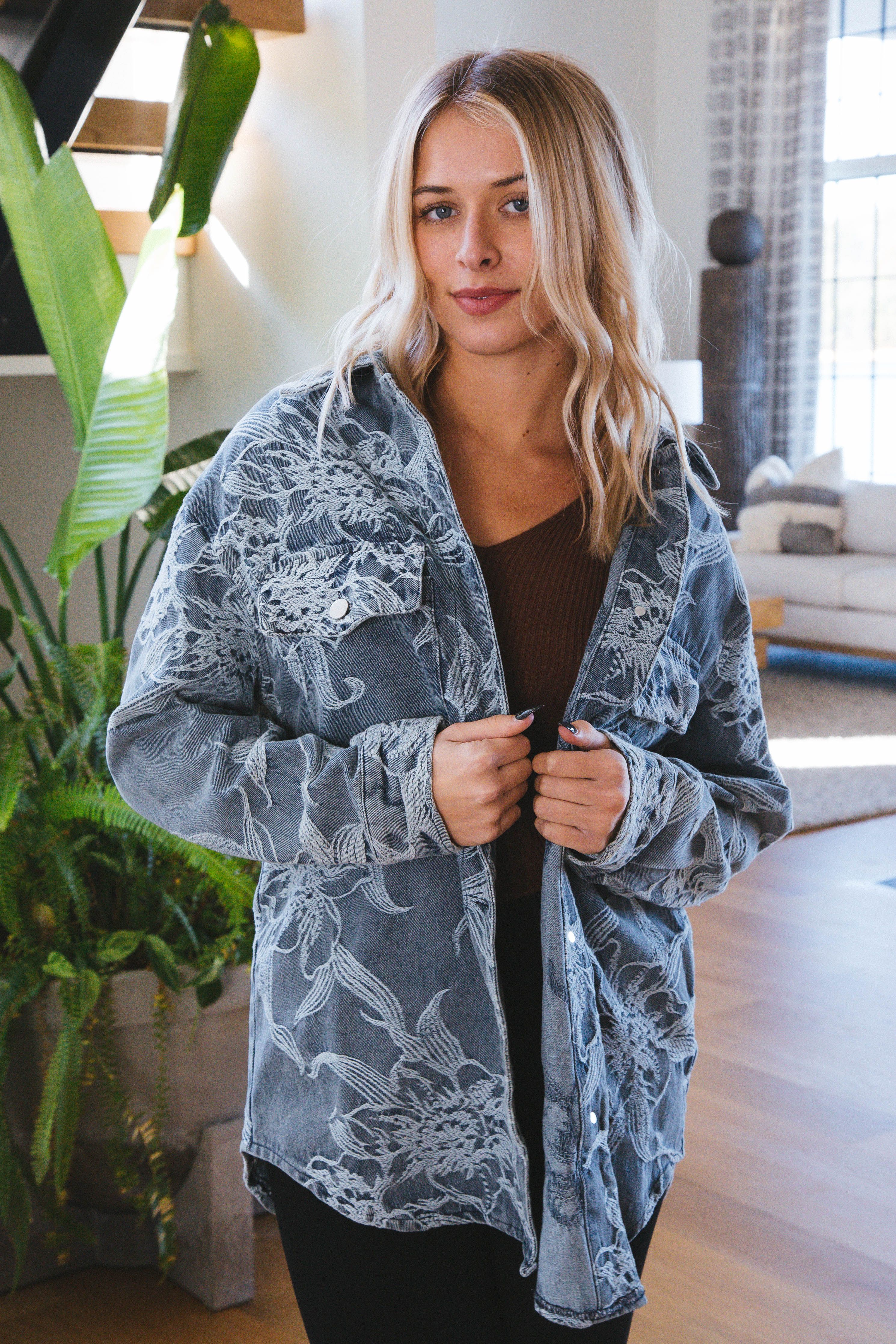 Joyce Flower Embroidered Denim Jacket, Denim sold by North & Main Clothing Company