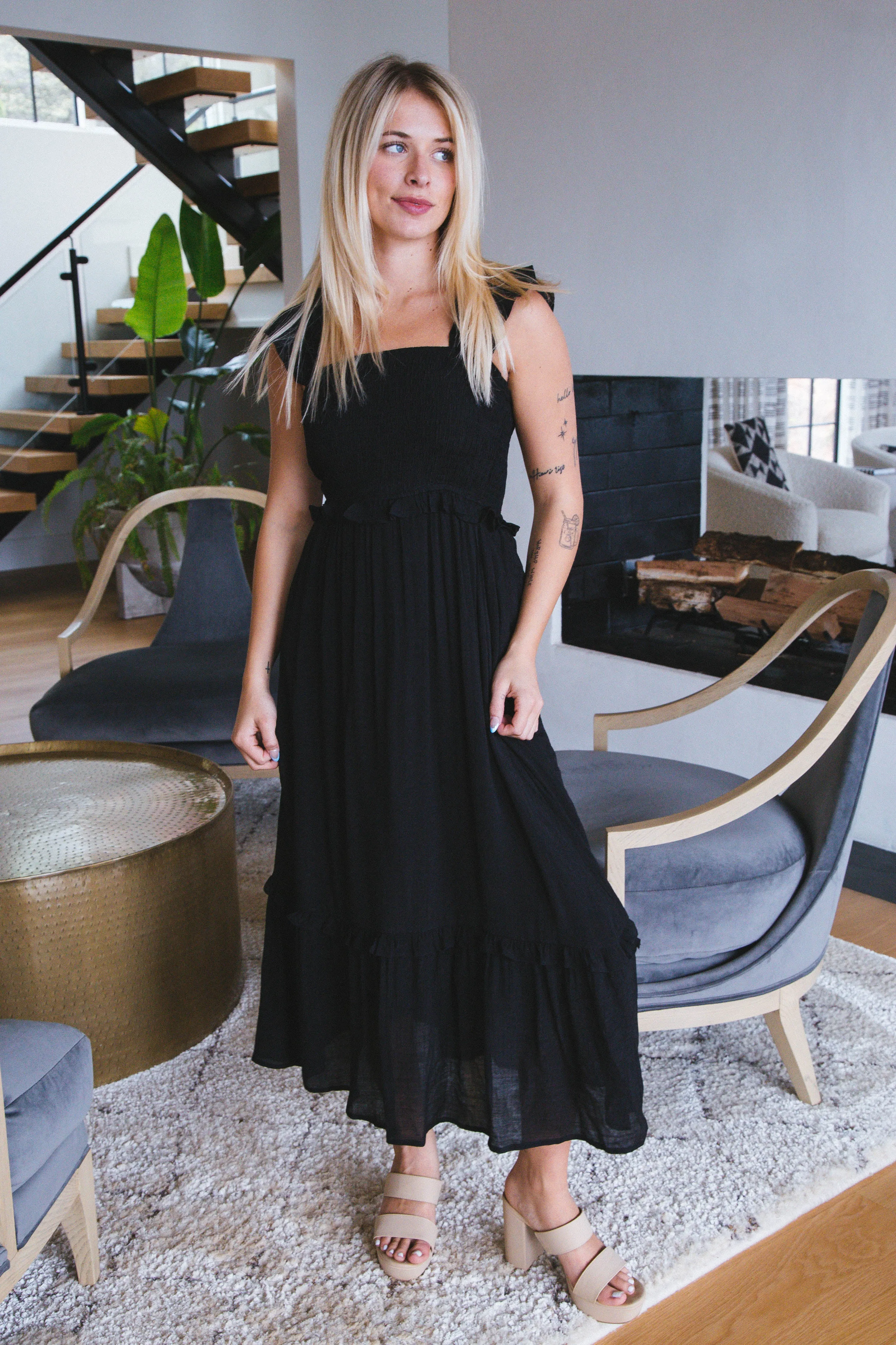 Delilah Flutter Sleeve Midi Dress, Black sold by North & Main Clothing Company