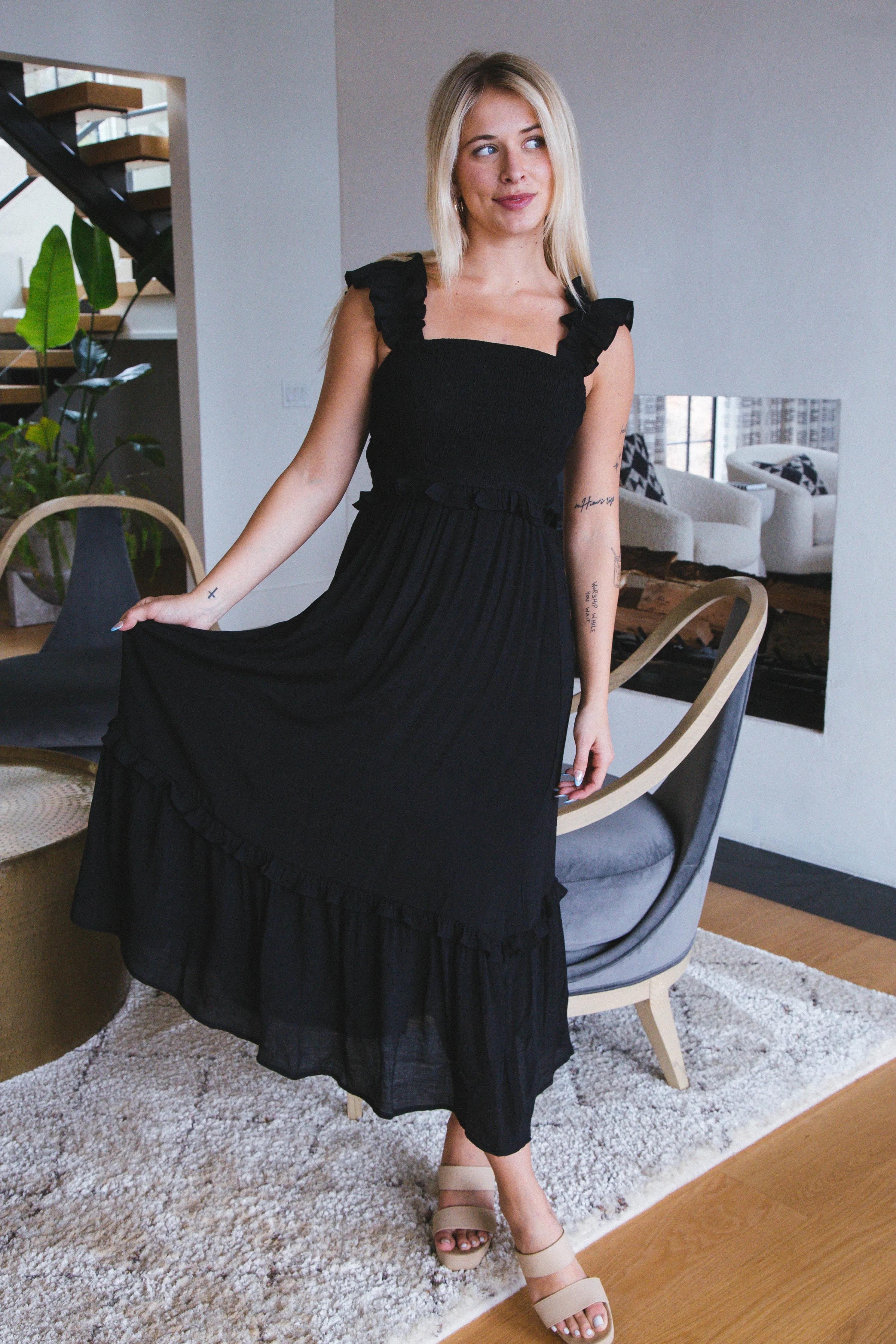 Delilah Flutter Sleeve Midi Dress, Black sold by North & Main Clothing Company product image thumbnail 3