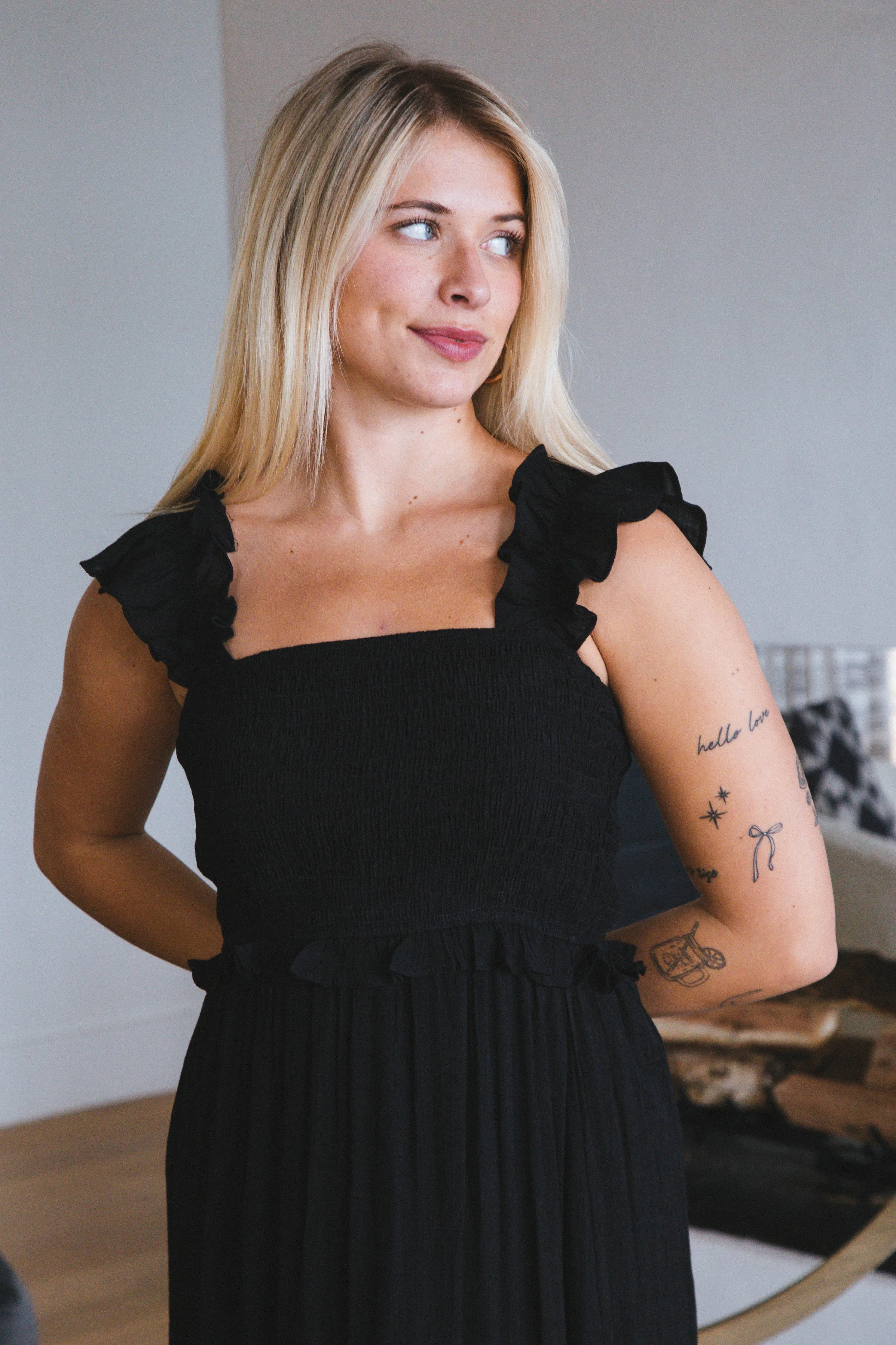 Delilah Flutter Sleeve Midi Dress, Black sold by North & Main Clothing Company product image thumbnail 2