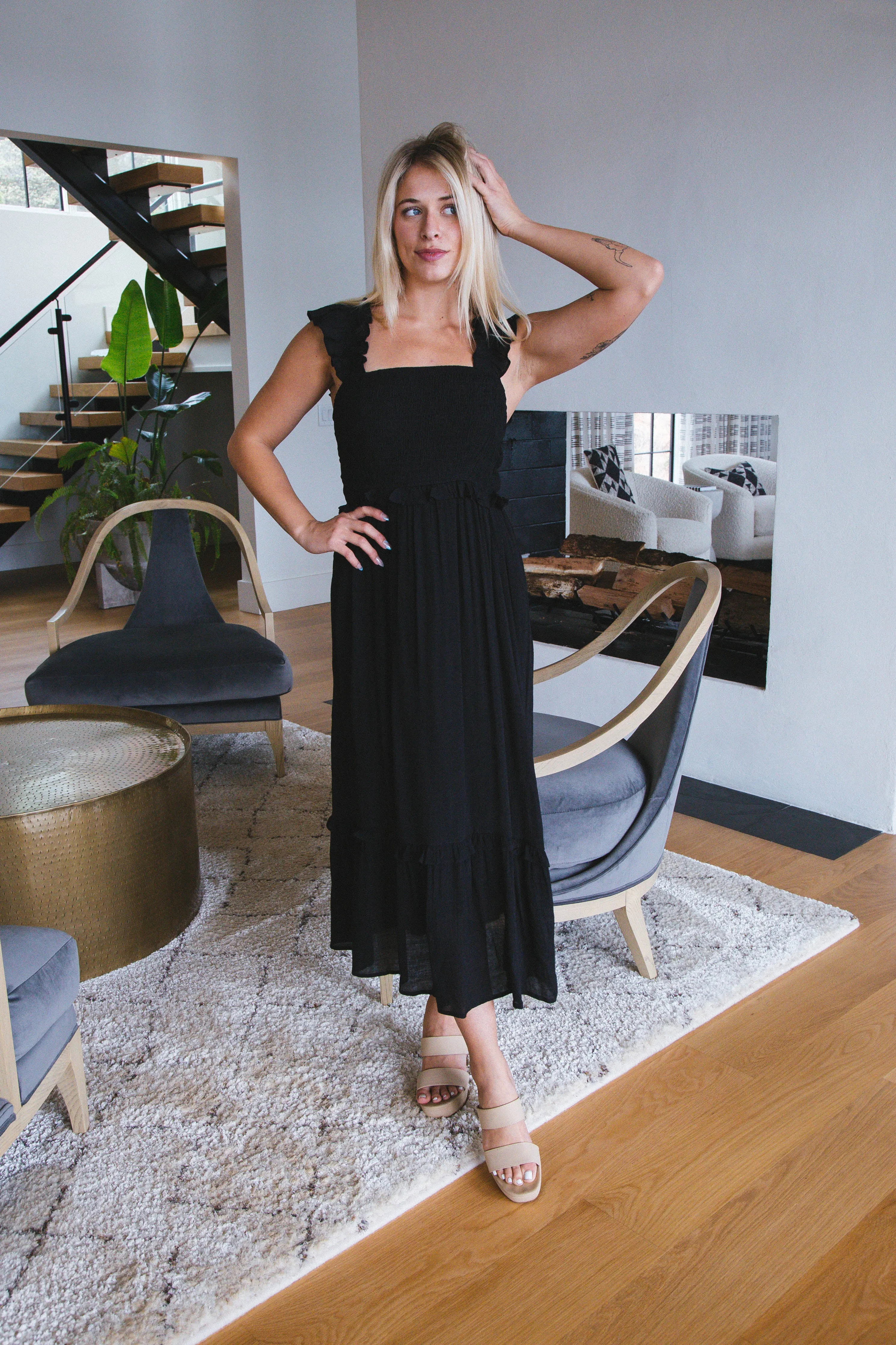 Delilah Flutter Sleeve Midi Dress, Black sold by North & Main Clothing Company product image thumbnail 5