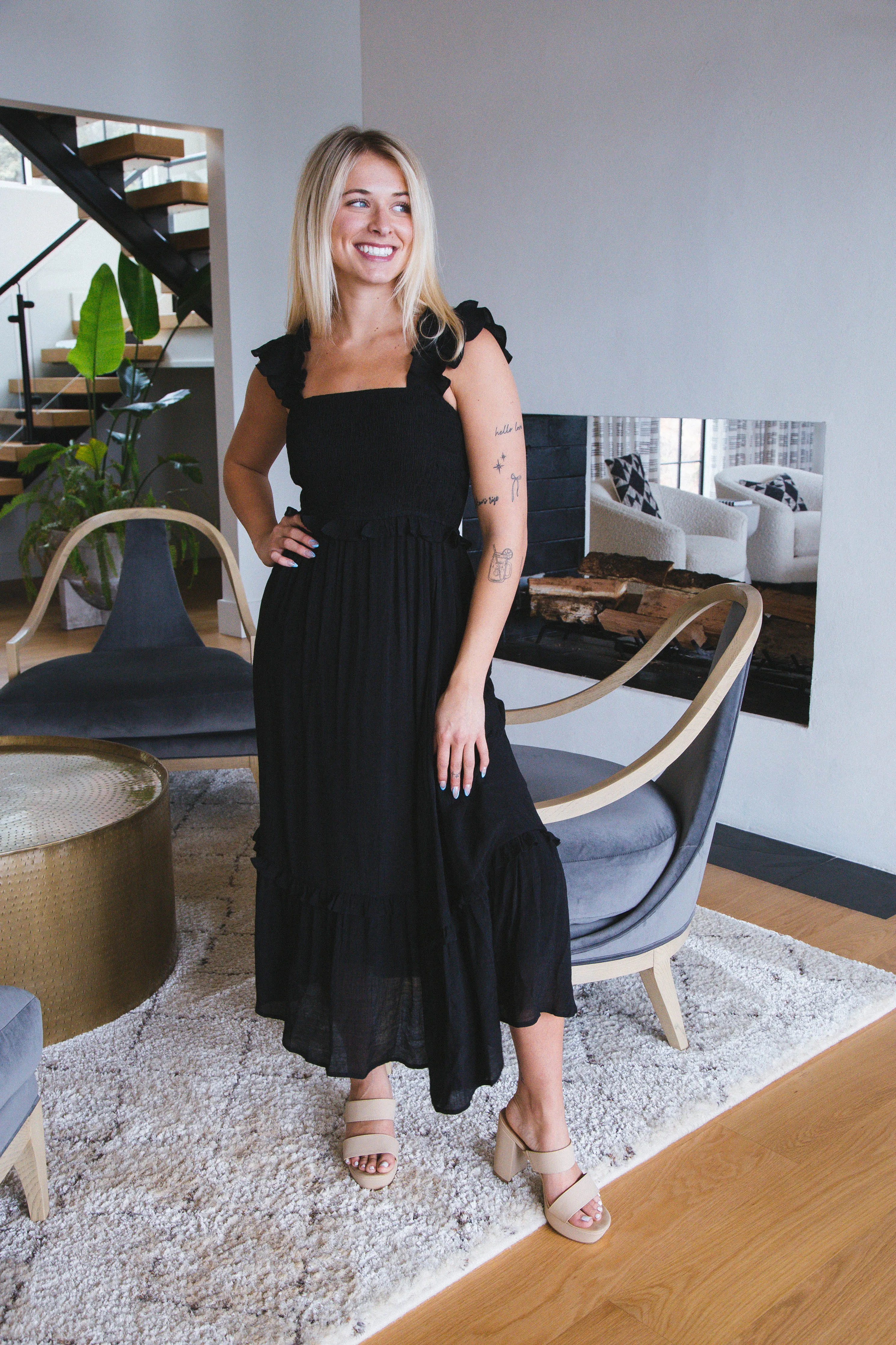 Delilah Flutter Sleeve Midi Dress, Black sold by North & Main Clothing Company product image thumbnail 4