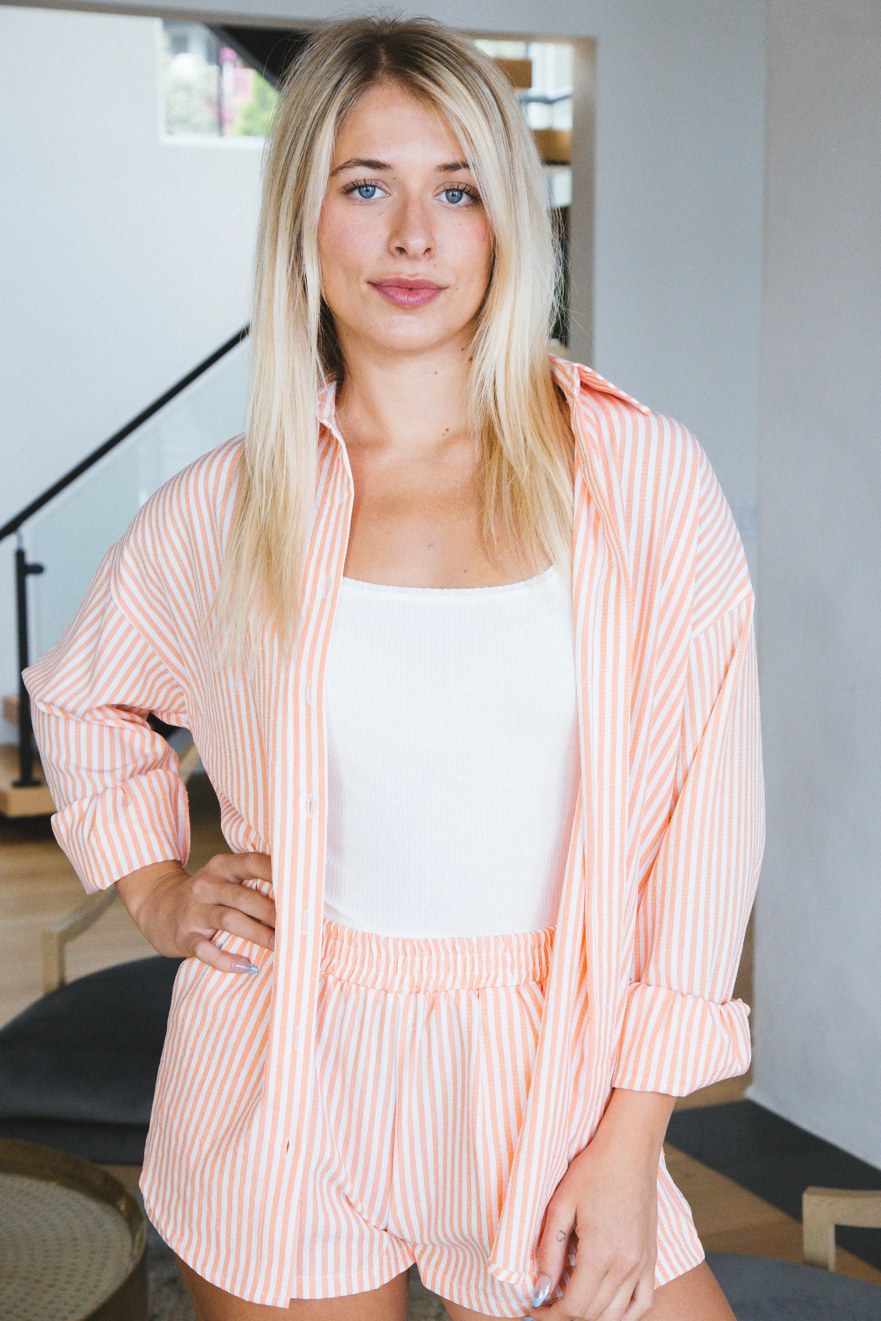 Isla Striped Button Down Shirt, Orange/White sold by North & Main Clothing Company product image thumbnail 5
