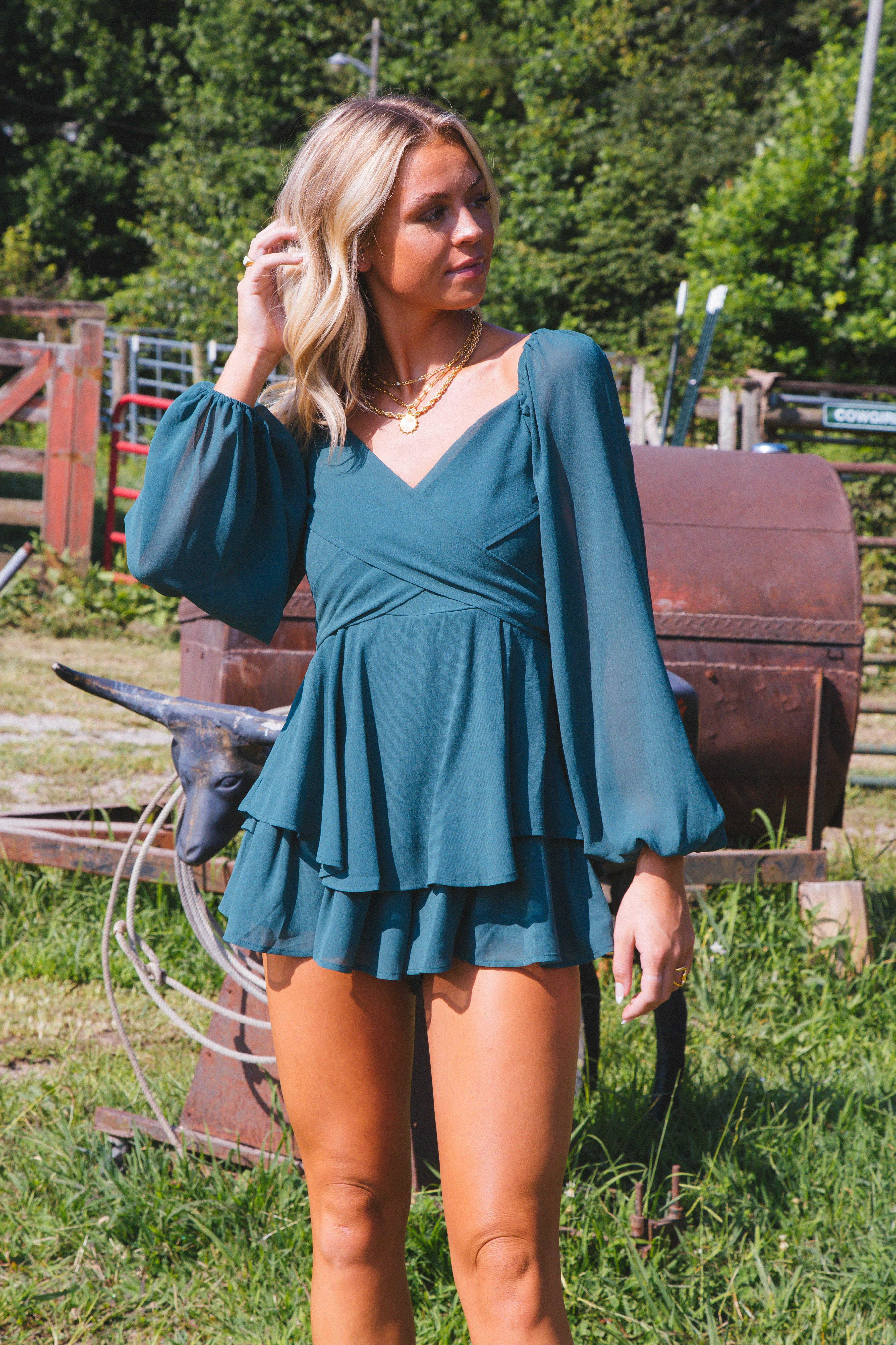 Lenny Long Sleeve Romper, Teal sold by North & Main Clothing Company product image thumbnail 3