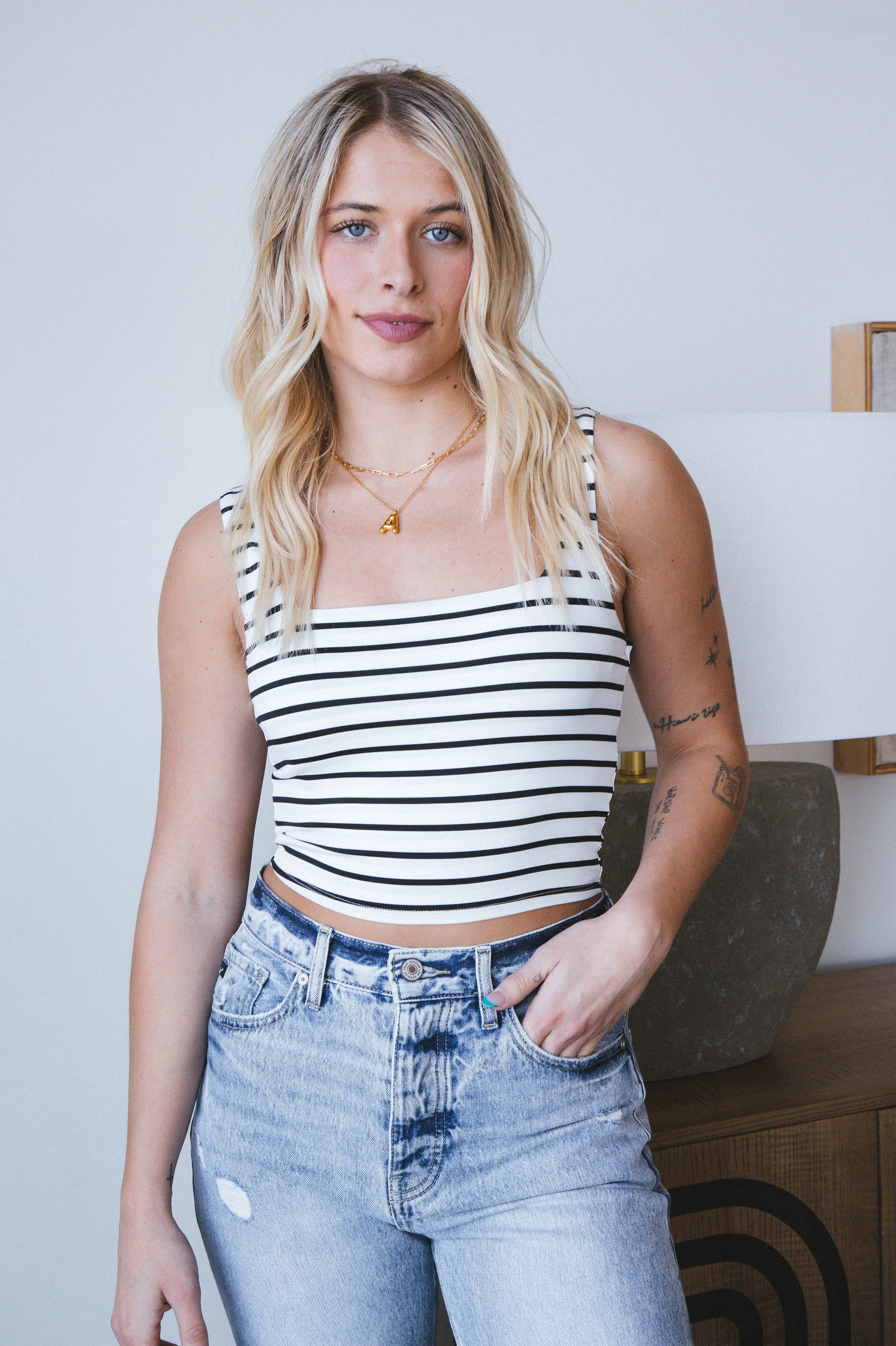 Bella Striped Crop Top, White sold by North & Main Clothing Company