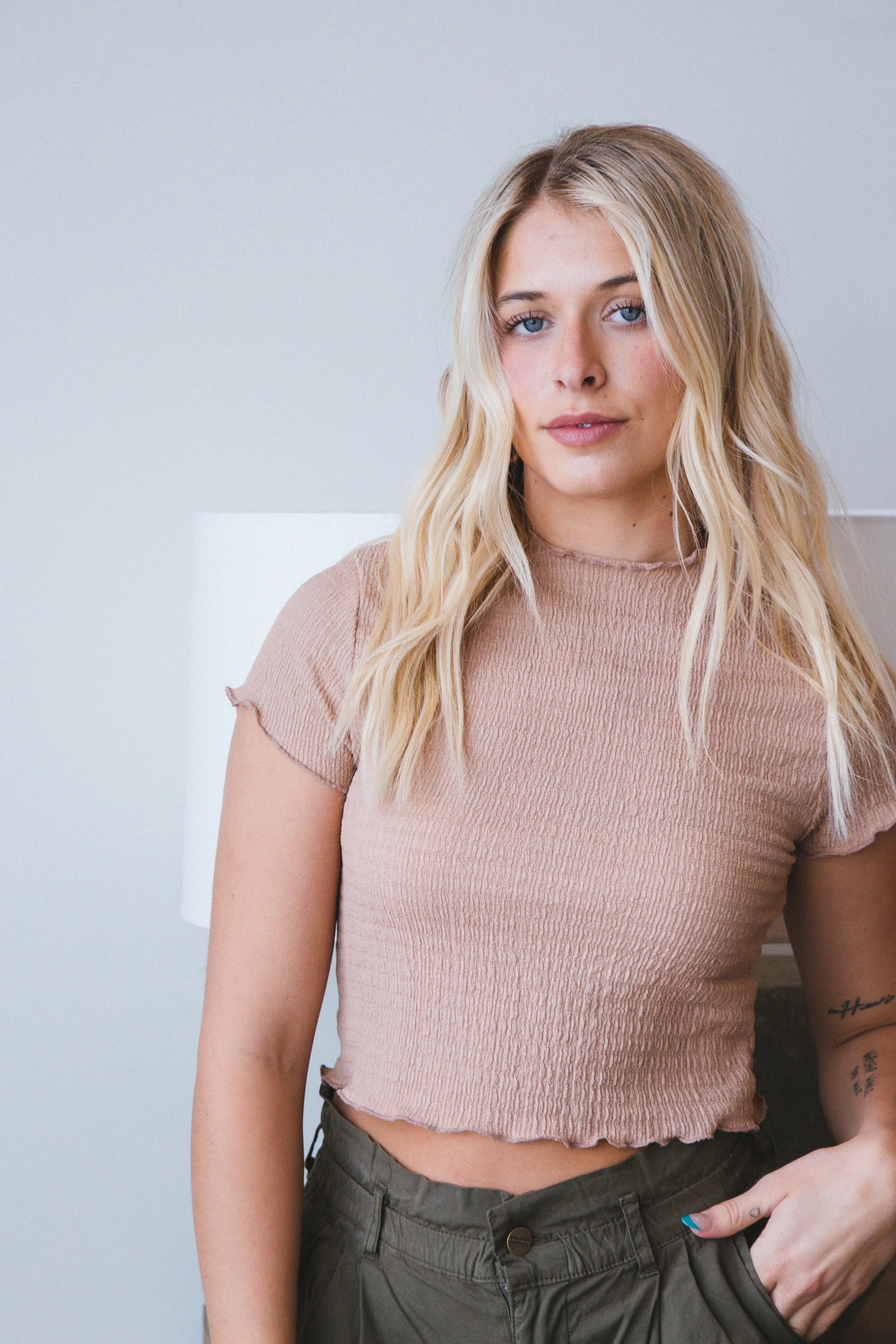 Oakley Lettuce Hem Crop Top, Tan sold by North & Main Clothing Company product image thumbnail 3