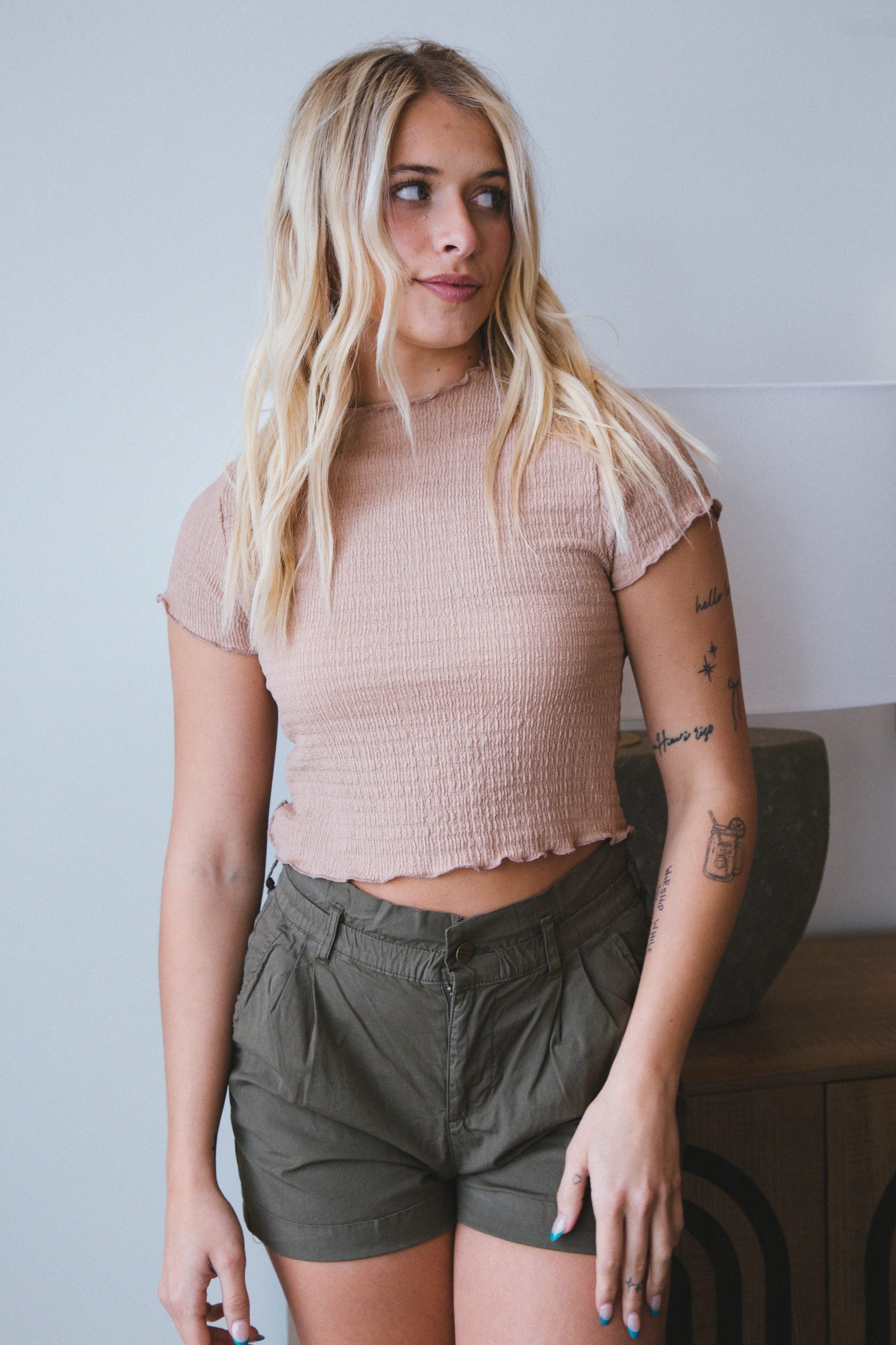 Oakley Lettuce Hem Crop Top, Tan sold by North & Main Clothing Company product image thumbnail 2