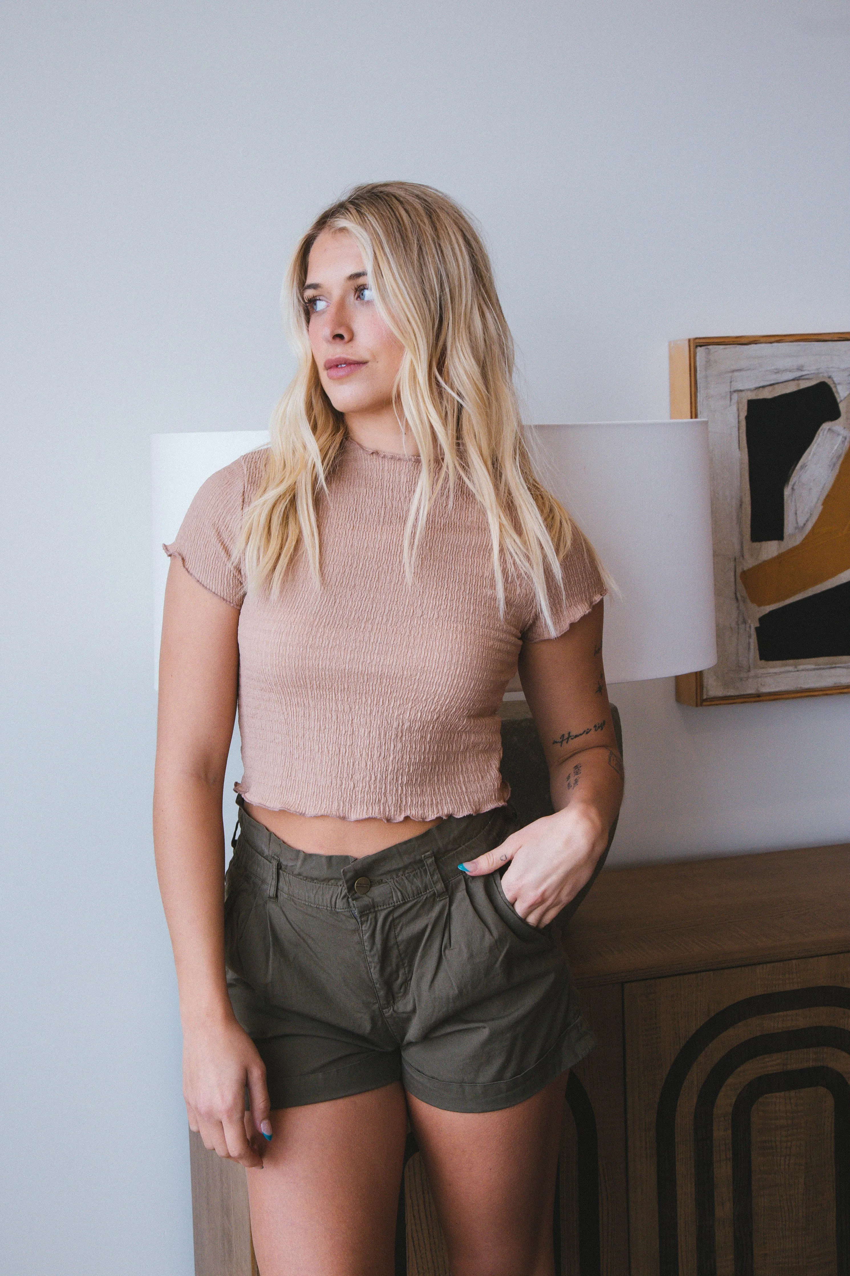 Oakley Lettuce Hem Crop Top, Tan sold by North & Main Clothing Company product image thumbnail 4