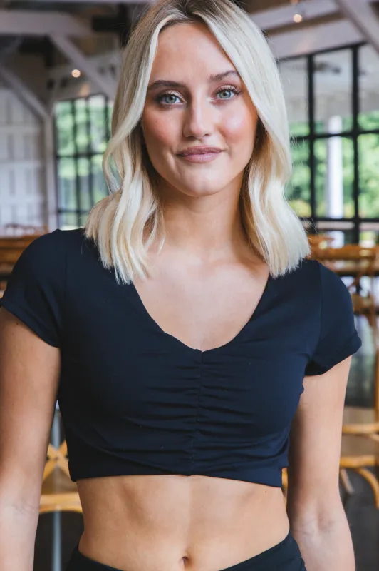 Juniper Ruched Front Crop Top, Black sold by North & Main Clothing Company