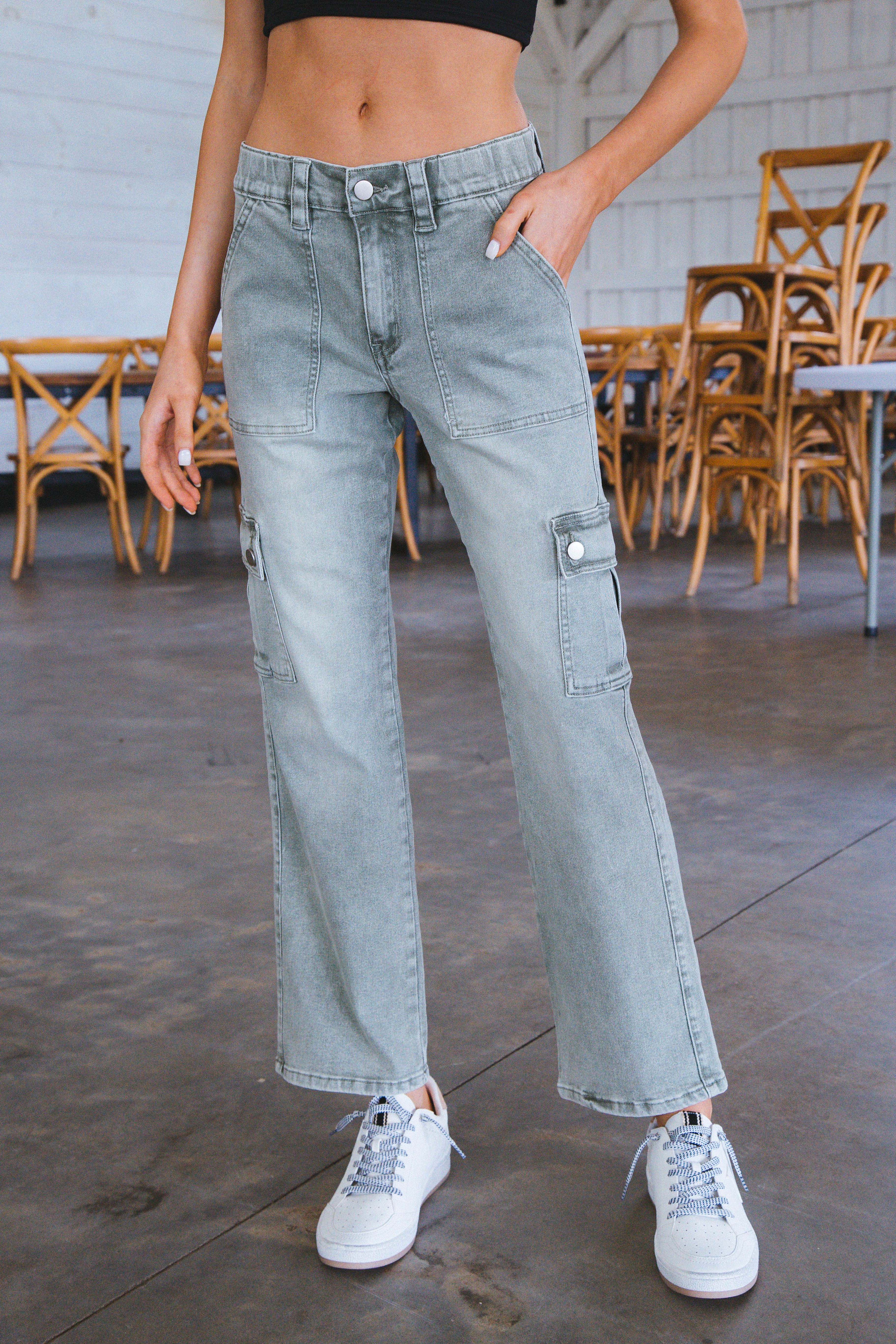 Cammy Cargo Denim Jeans, Olive sold by North & Main Clothing Company