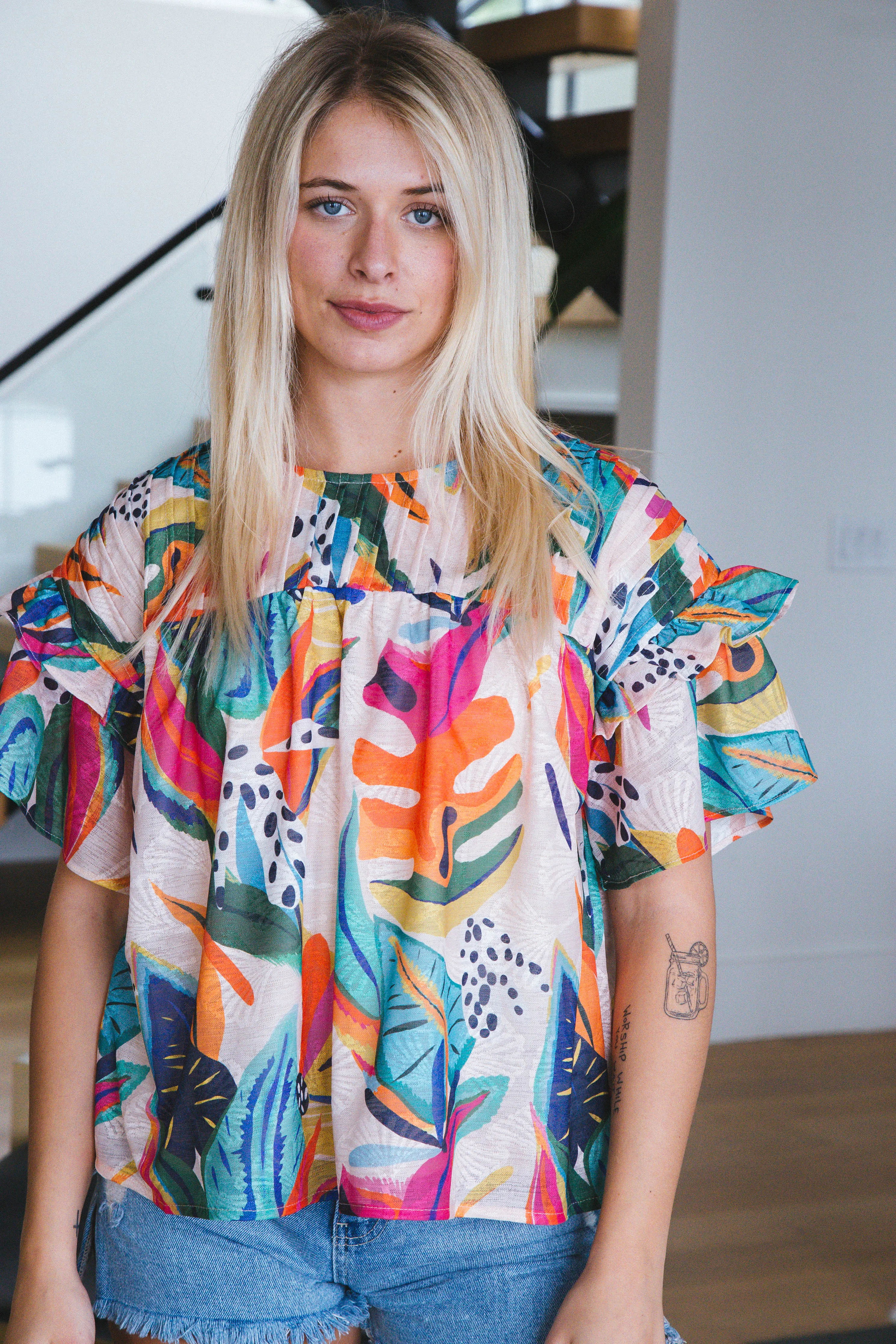 Evelyn Pleated Leaf Print Top, Multi sold by North & Main Clothing Company product image thumbnail 4