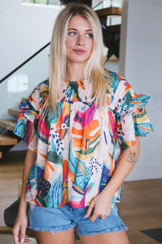 Evelyn Pleated Leaf Print Top, Multi sold by North & Main Clothing Company