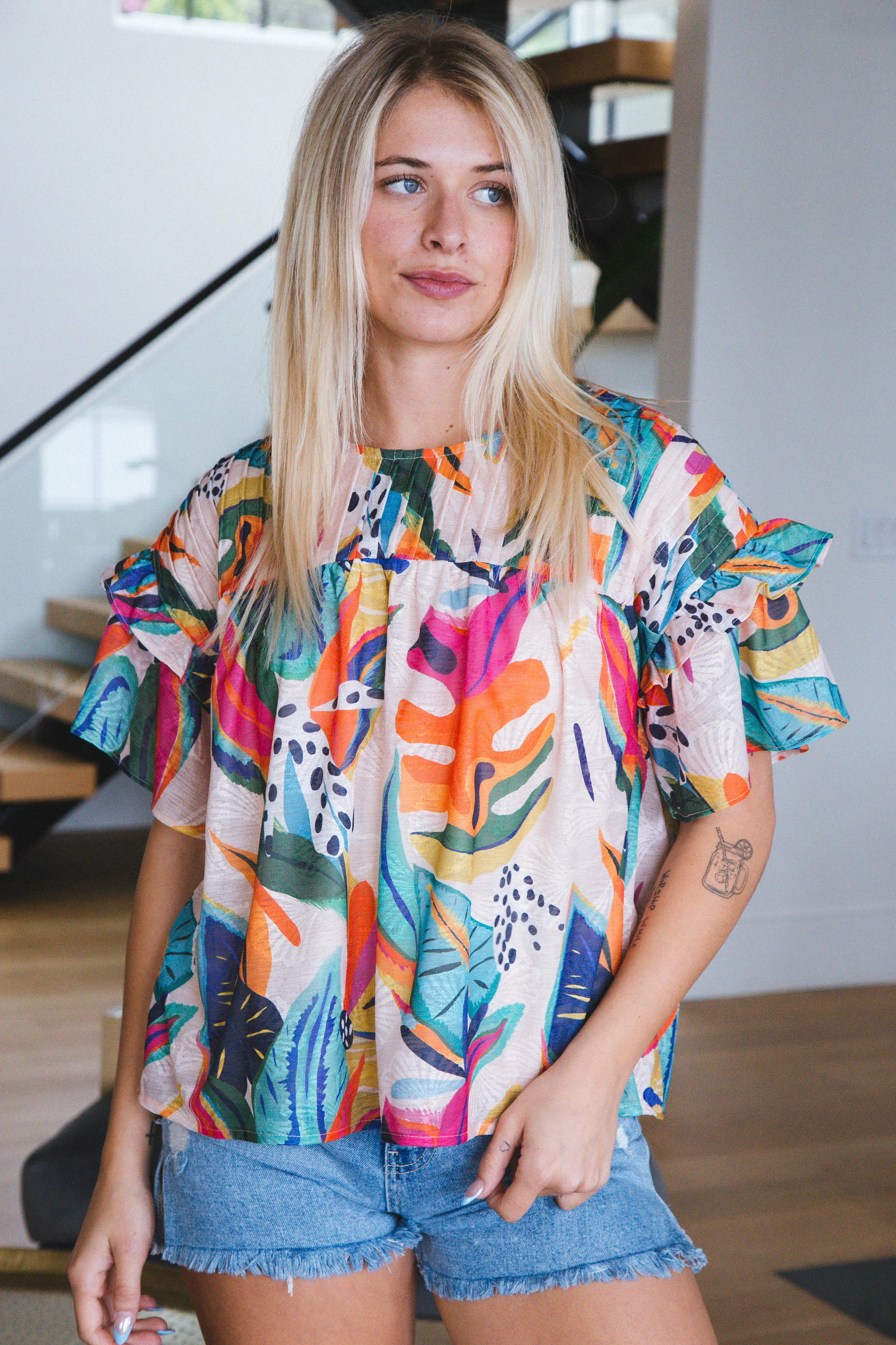 Evelyn Pleated Leaf Print Top, Multi sold by North & Main Clothing Company
