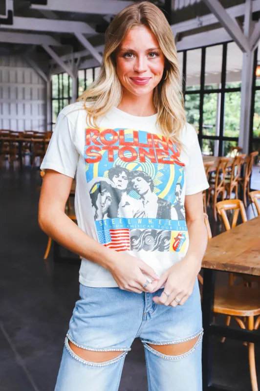Rolling Stones Steel Wheels Ringer Tee, Stone Vintage | Daydreamer sold by North & Main Clothing Company