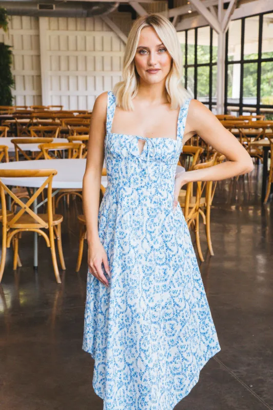 Valentina High Low Midi Dress, White/Blue sold by North & Main Clothing Company