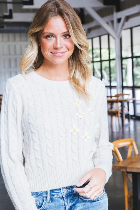 Lulu Embroidered Daisy Sweater, Cream | Sadie & Sage sold by North & Main Clothing Company