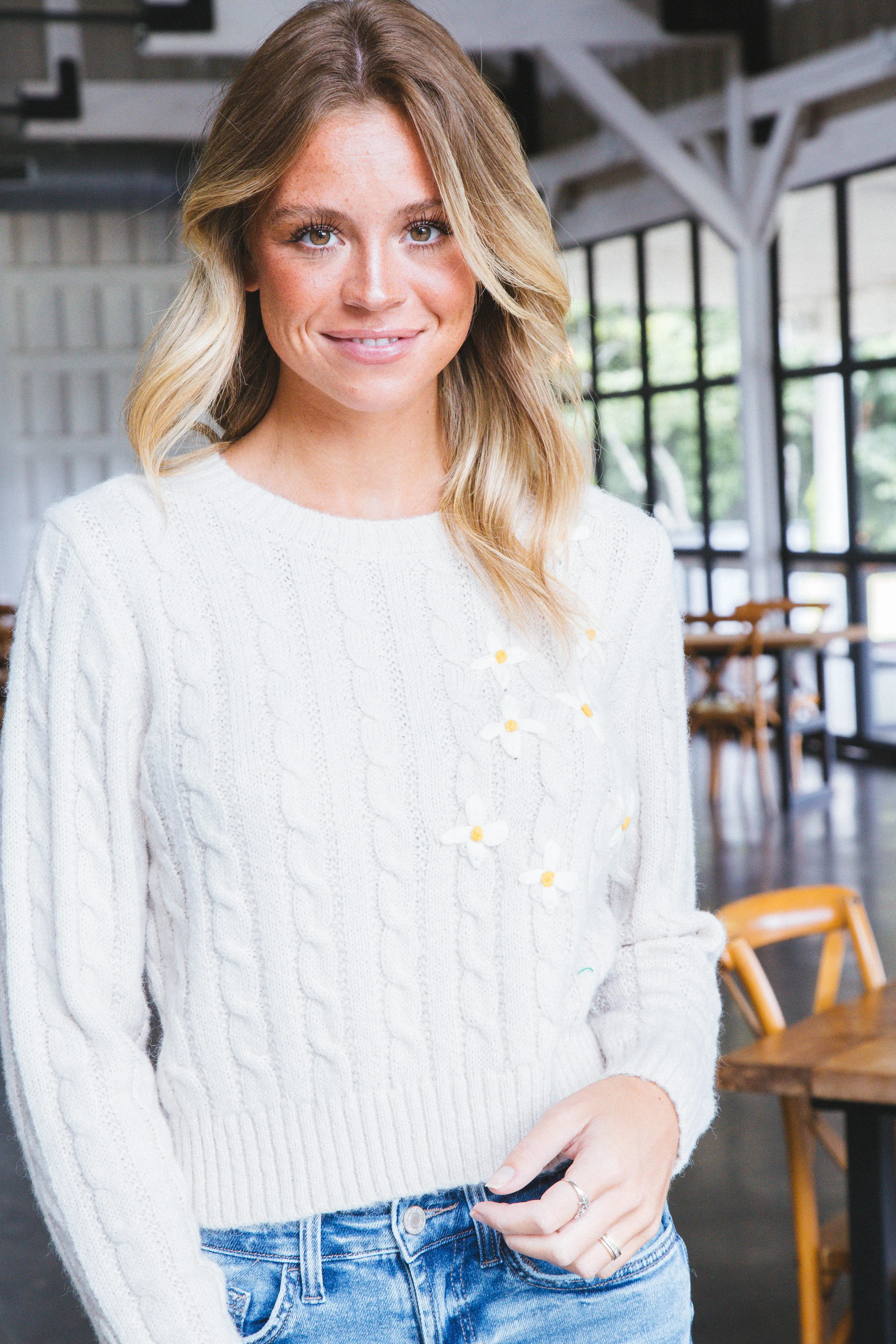 Lulu Embroidered Daisy Sweater, Cream | Sadie & Sage sold by North & Main Clothing Company