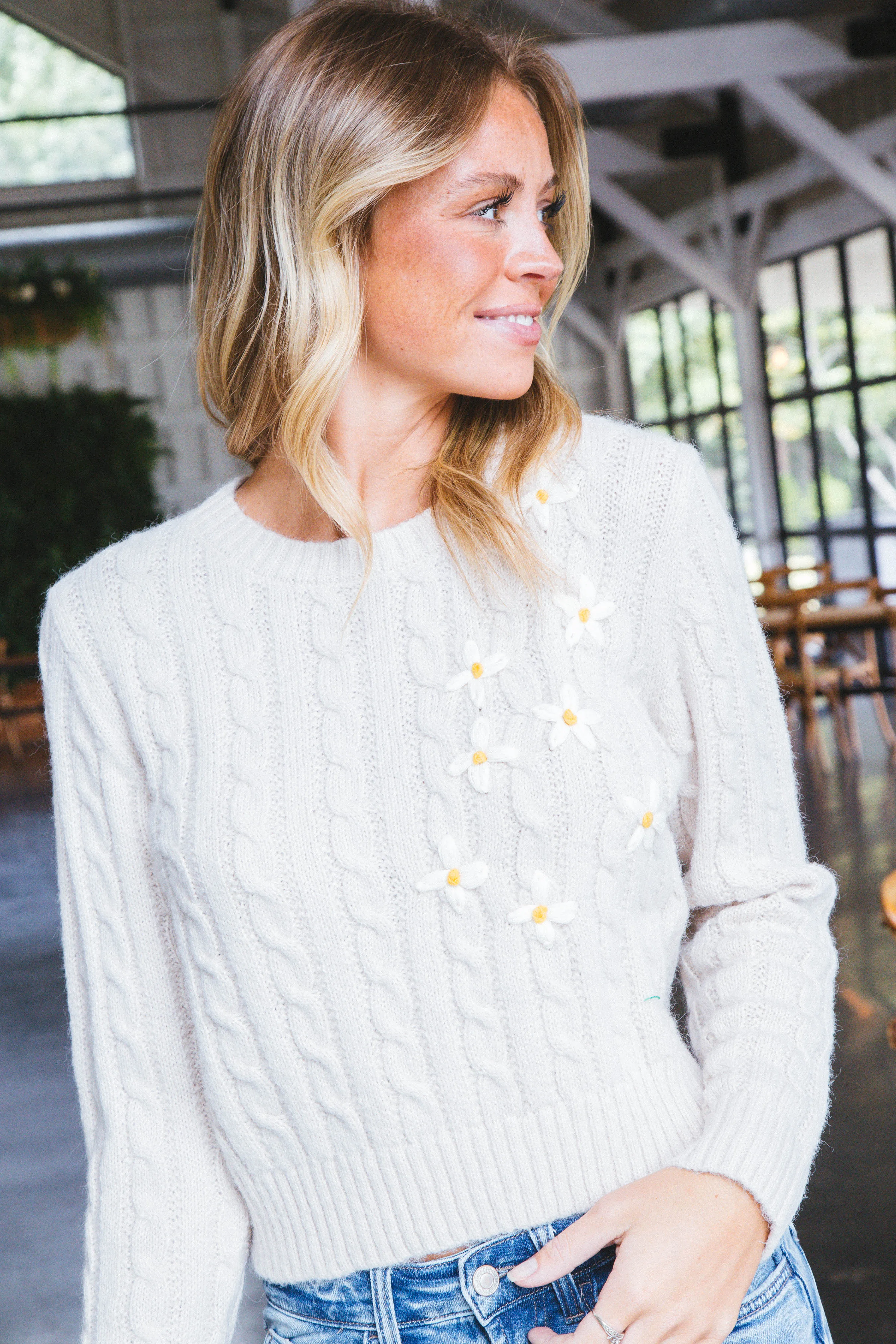 Lulu Embroidered Daisy Sweater, Cream | Sadie & Sage sold by North & Main Clothing Company product image thumbnail 5