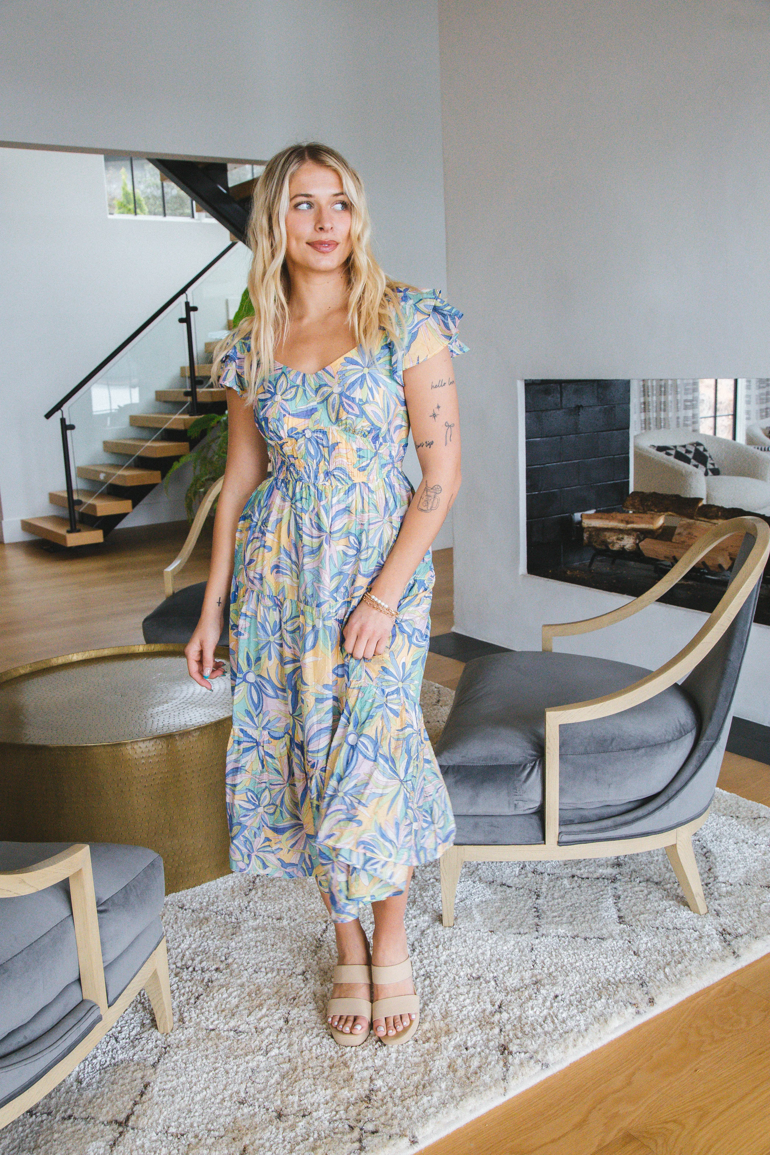 Sutton Smocked Cut Out Midi Dress, Blue Floral sold by North & Main Clothing Company product image thumbnail 5