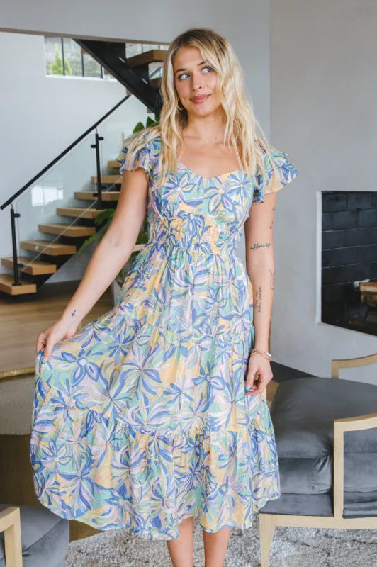 Sutton Smocked Cut Out Midi Dress, Blue Floral sold by North & Main Clothing Company