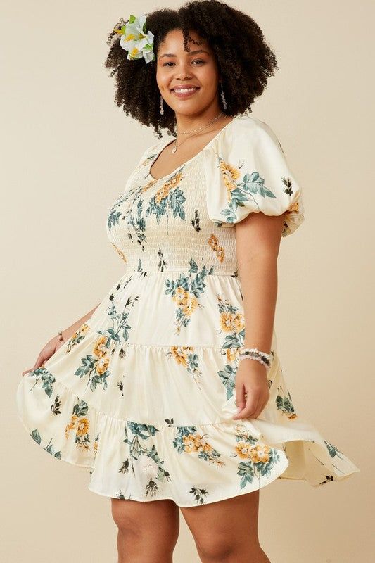 Floral Smocked Tiered Satin Dress, Cream | Plus Size sold by North & Main Clothing Company