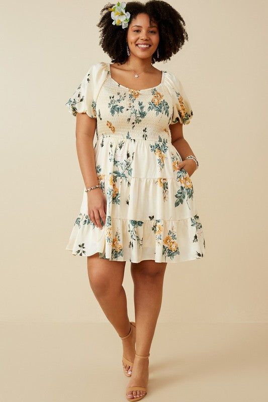 Floral Smocked Tiered Satin Dress, Cream | Plus Size sold by North & Main Clothing Company product image thumbnail 5