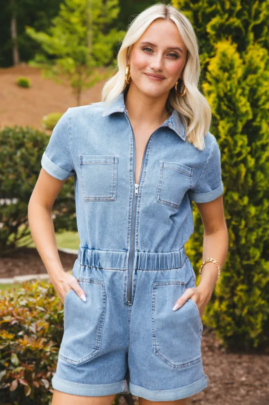 Willa Washed Romper, Denim made by North & Main Clothing Company