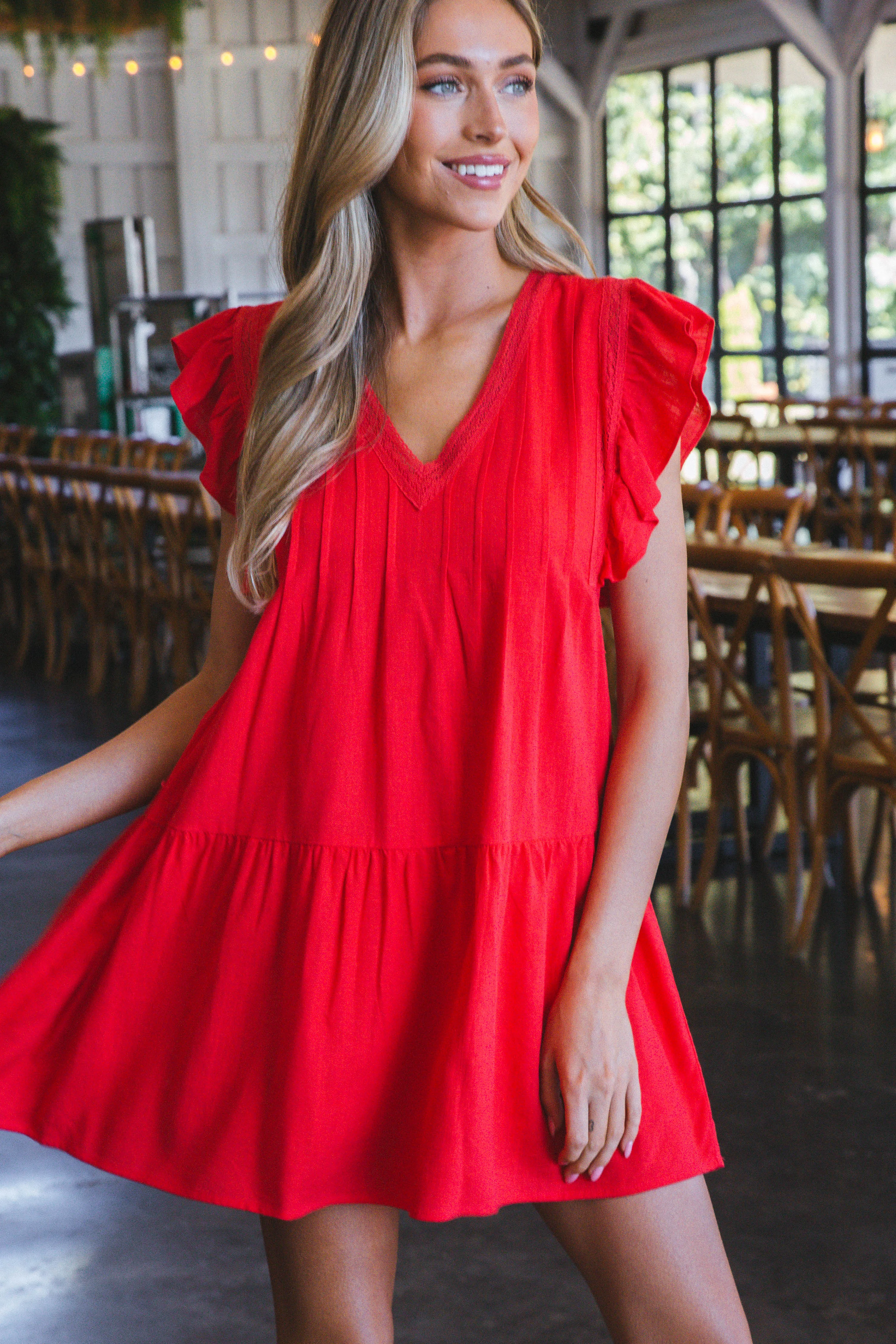 Alani Pintuck Detail Mini Dress, Tomato sold by North & Main Clothing Company