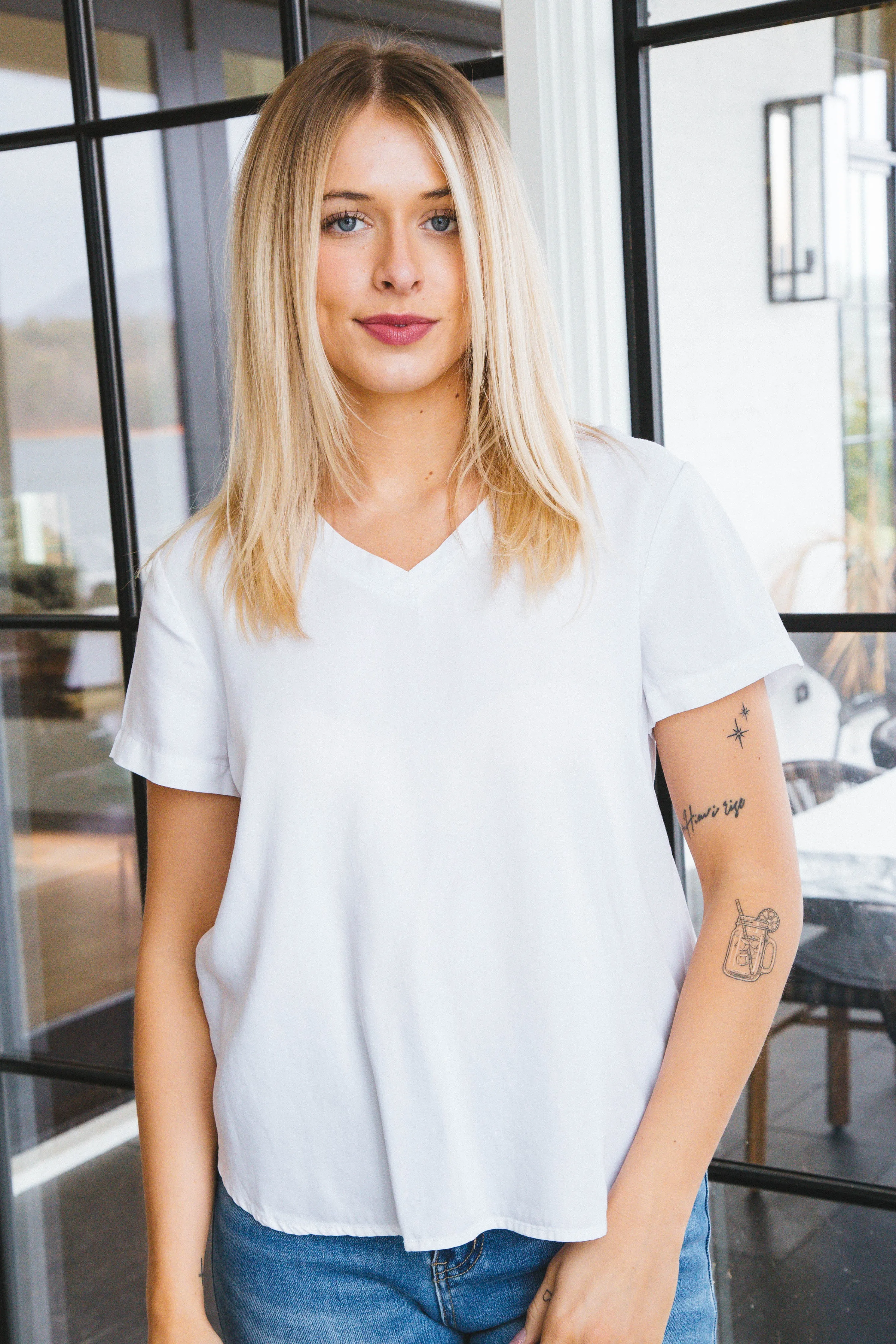 Lanelle Tencel V-Neck Shirt, Optic White | Velvet Heart sold by North & Main Clothing Company