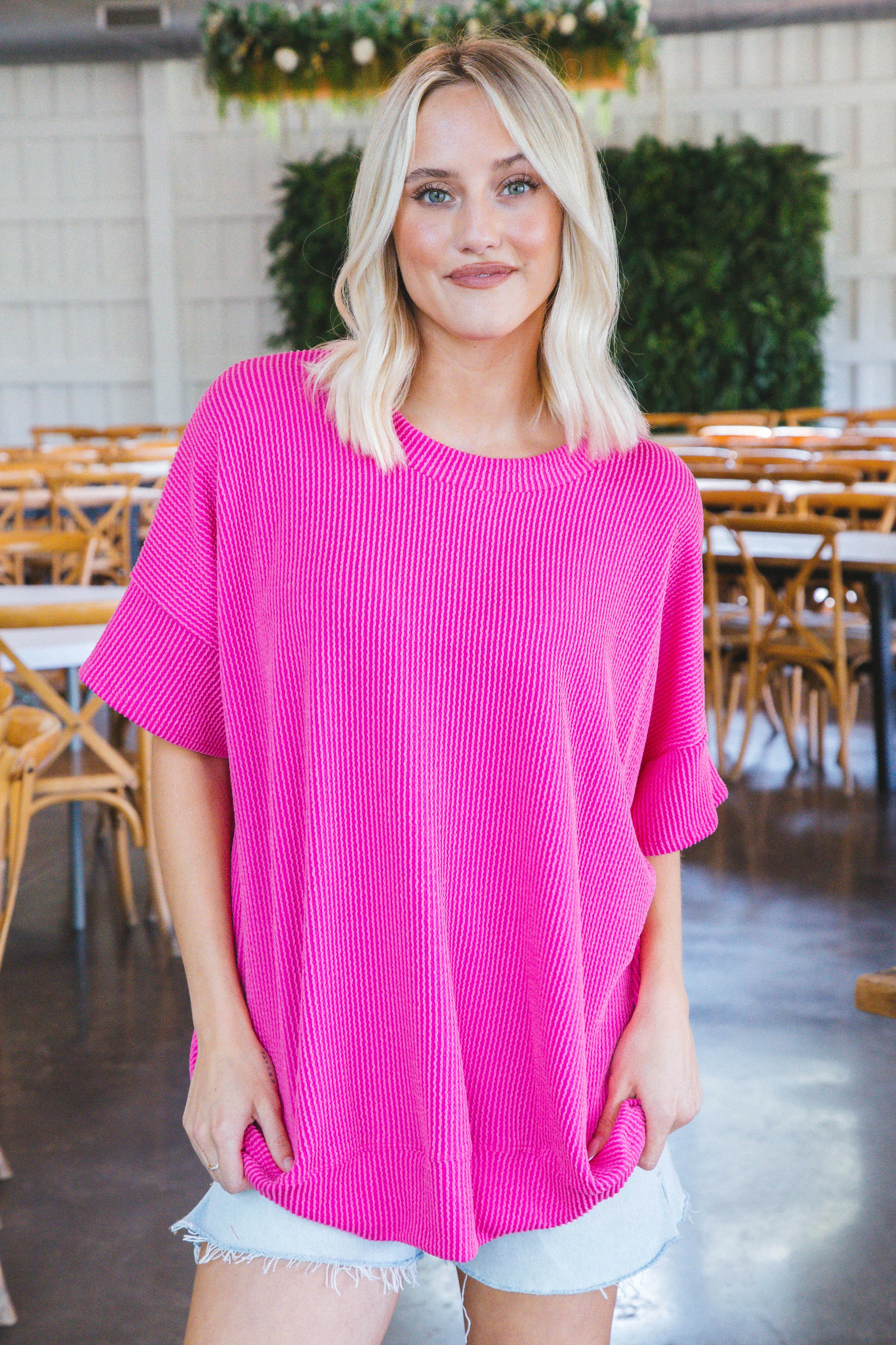 Maya Oversized Wave Rib Top, Fuchsia sold by North & Main Clothing Company