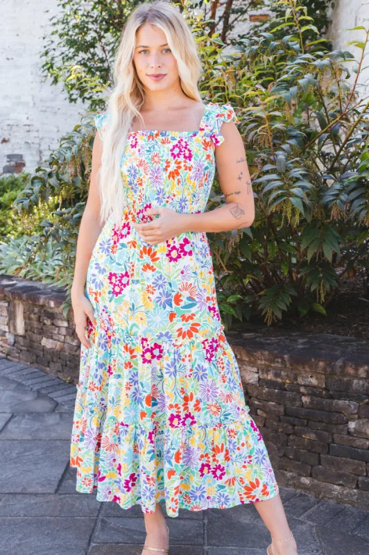 Cameron Smocked Bodice Midi Dress, Orange/Fuchsia sold by North & Main Clothing Company