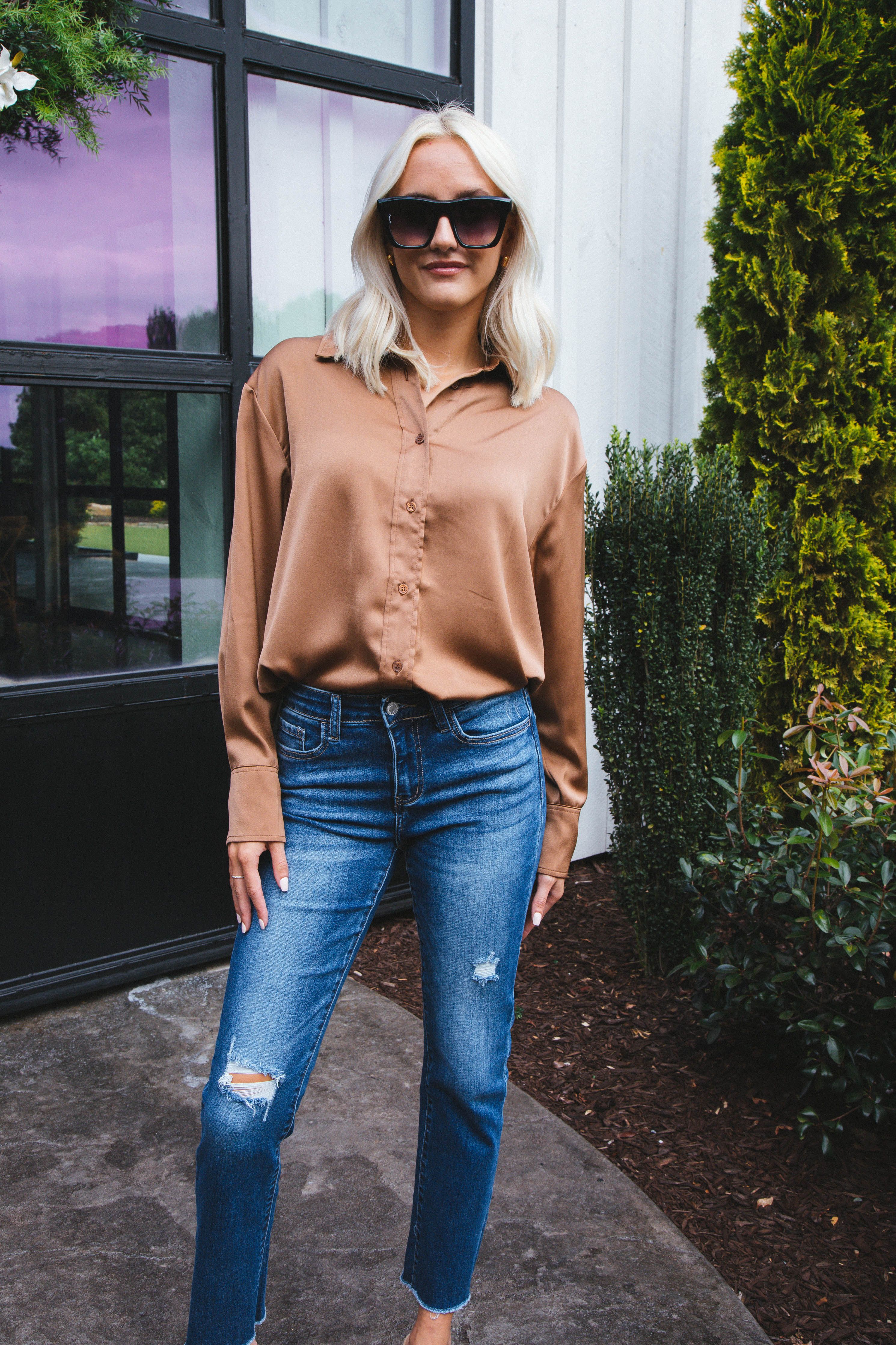 Marlene Satin Button Down Shirt, Mocha sold by North & Main Clothing Company