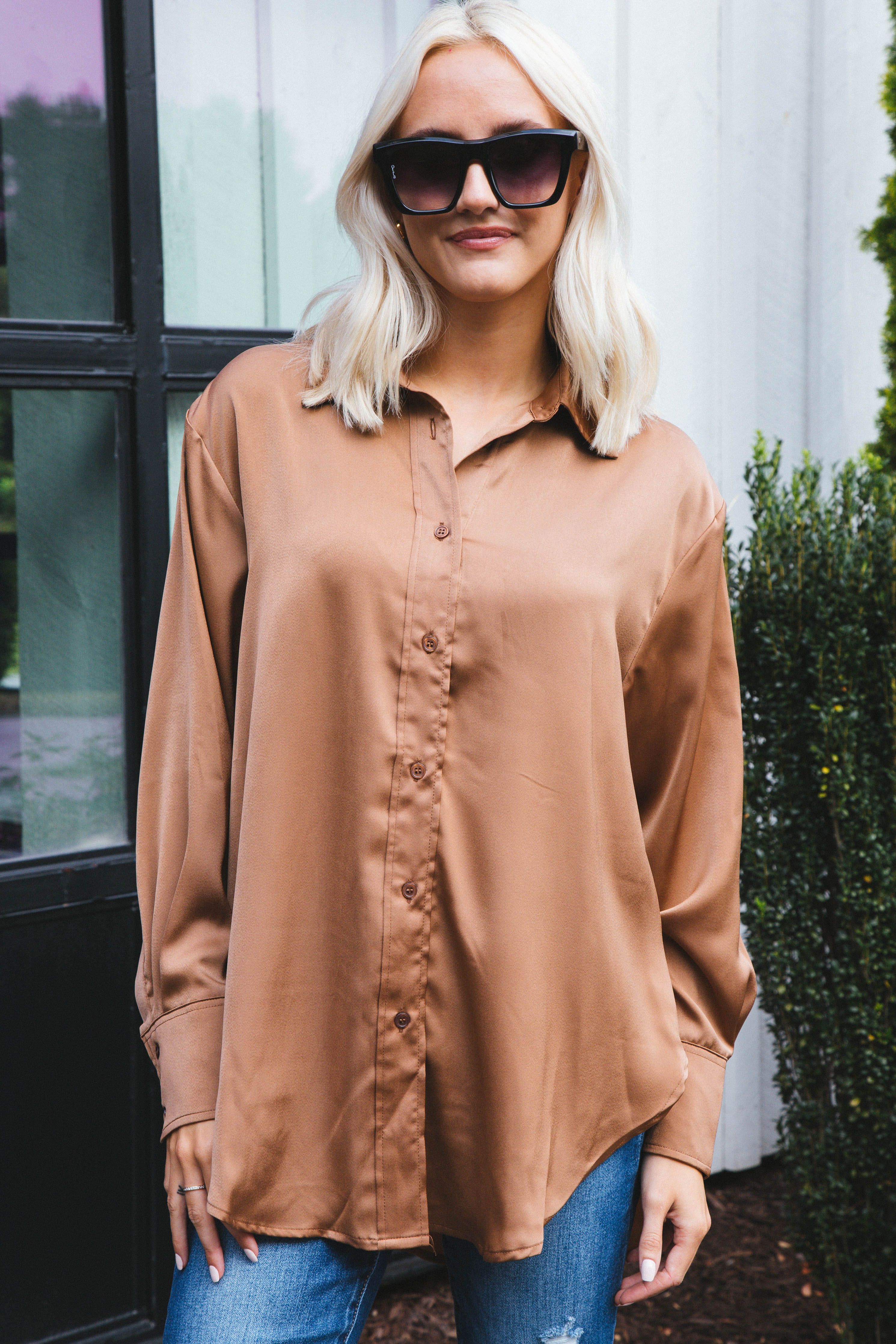 Marlene Satin Button Down Shirt, Mocha sold by North & Main Clothing Company product image thumbnail 4