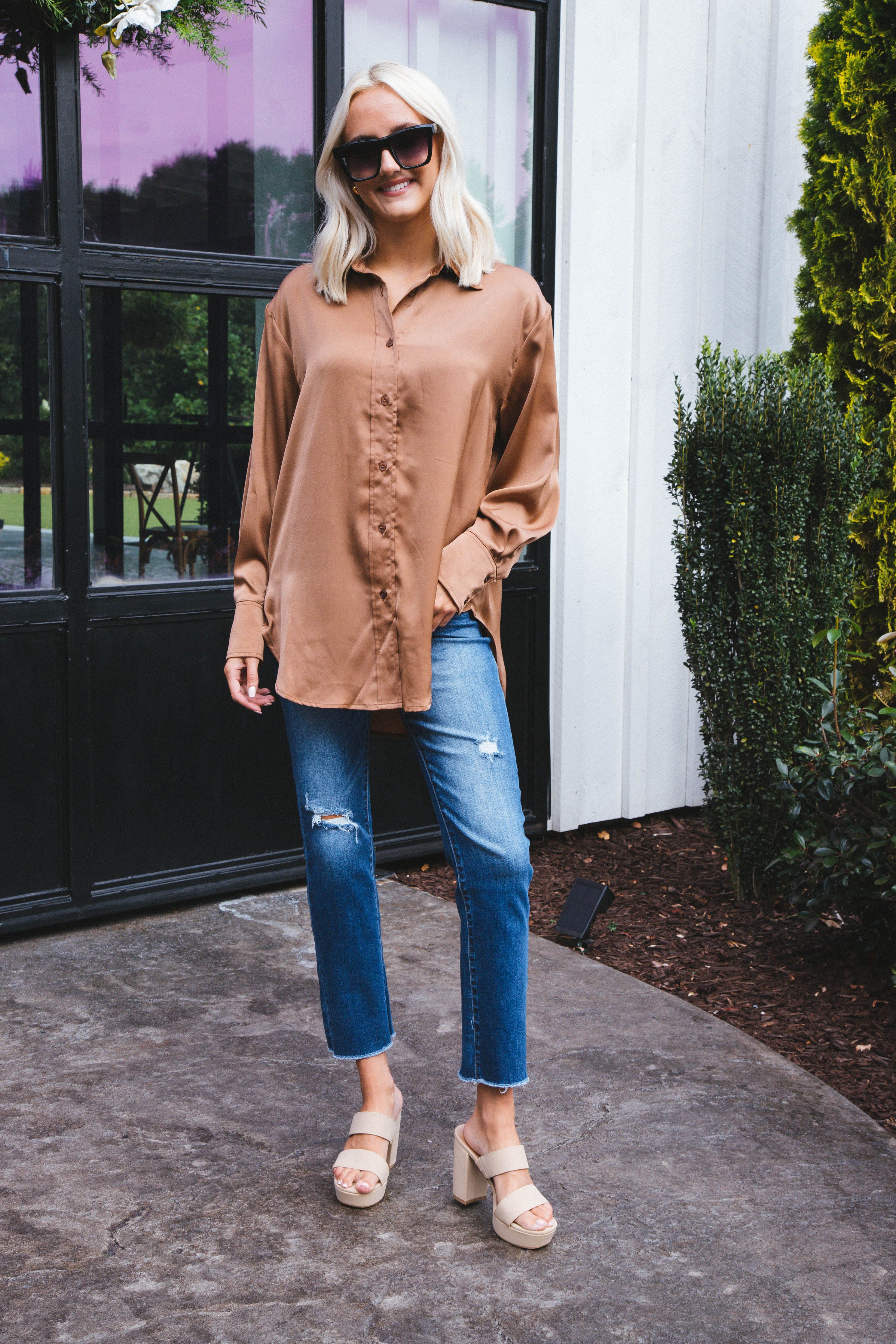 Marlene Satin Button Down Shirt, Mocha sold by North & Main Clothing Company product image thumbnail 2