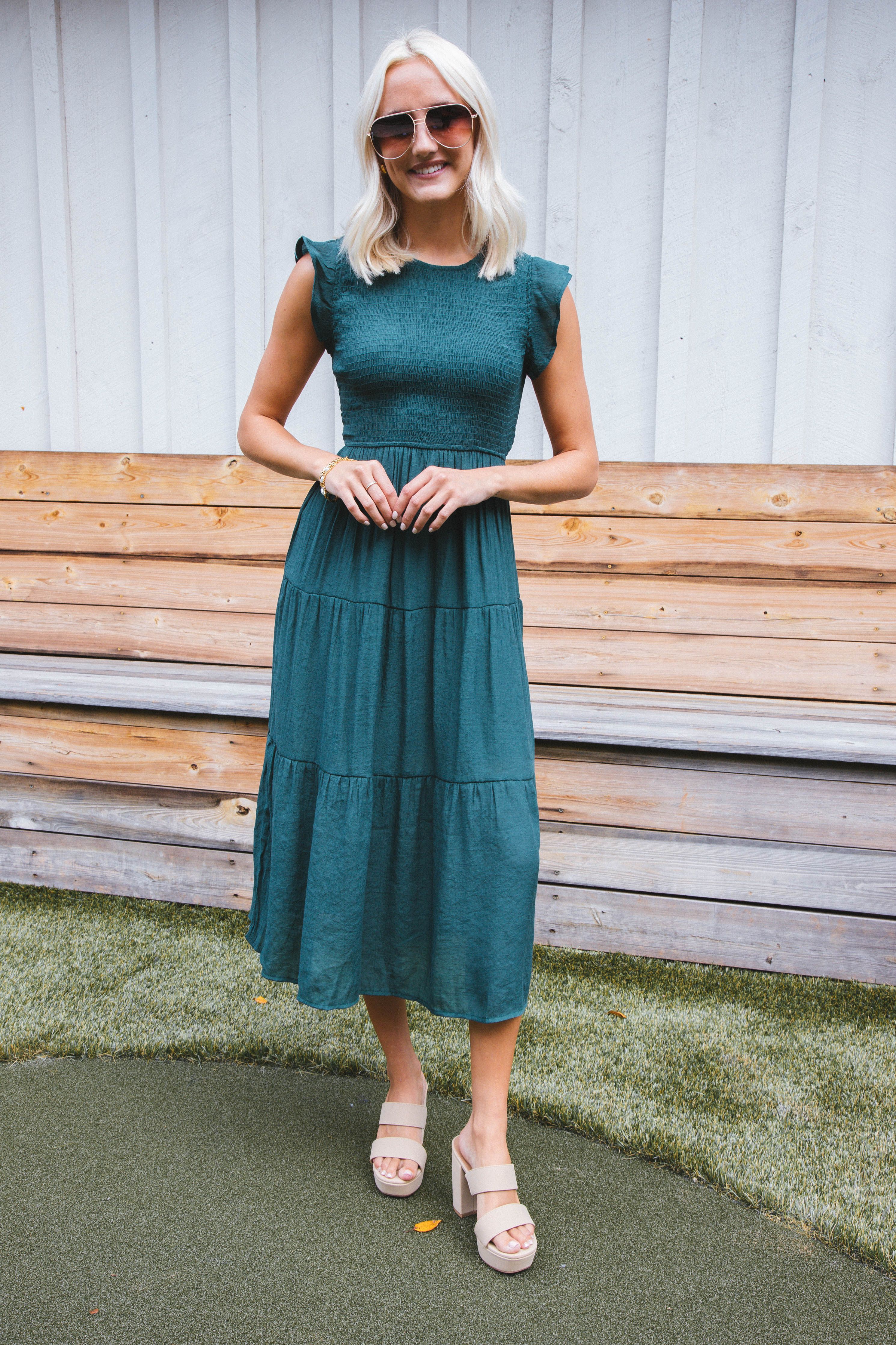 Celene Smocked Midi Dress, Hunter Green sold by North & Main Clothing Company