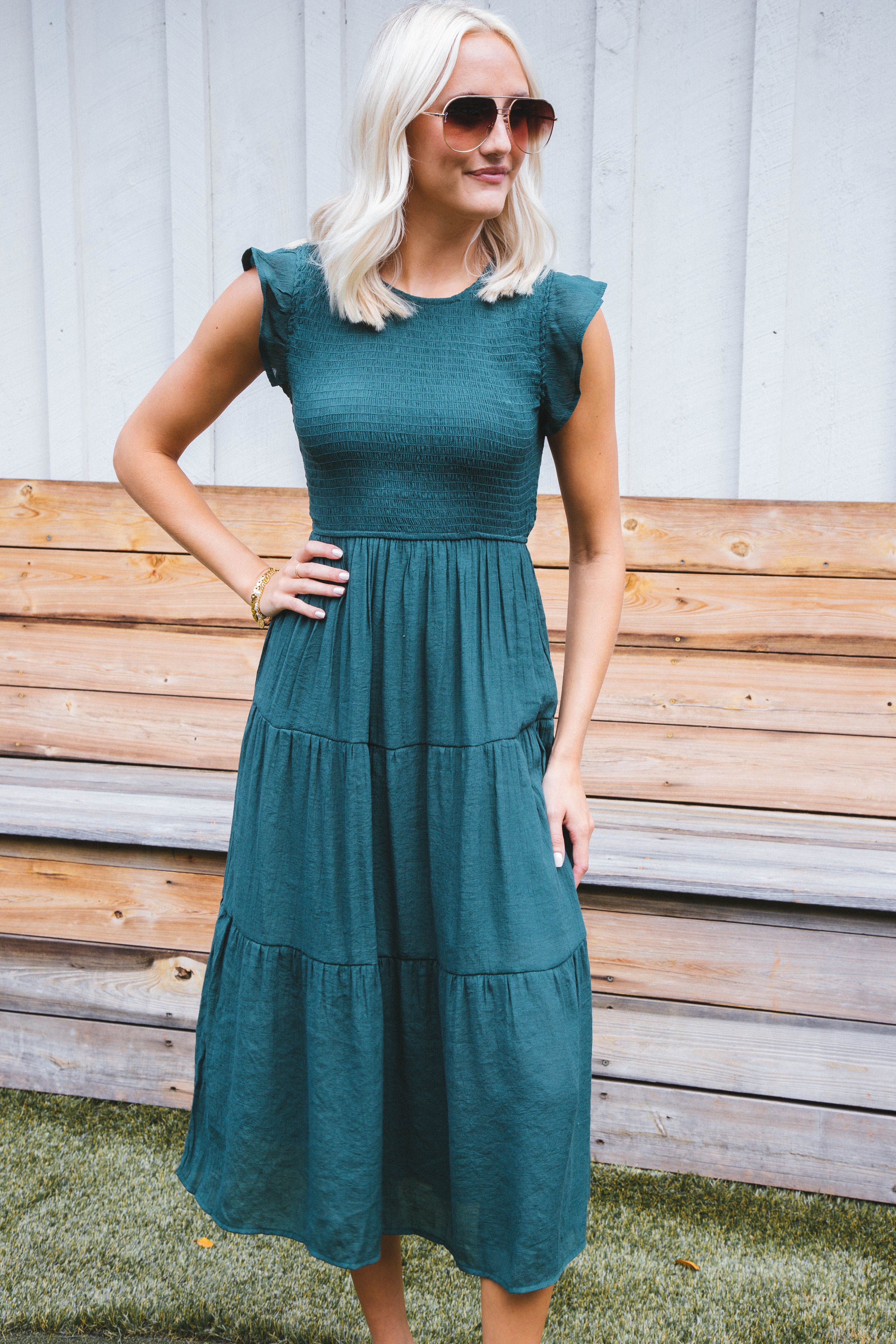 Celene Smocked Midi Dress, Hunter Green sold by North & Main Clothing Company product image thumbnail 4