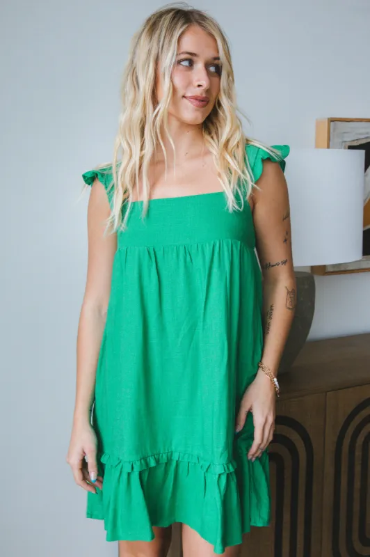 Magnolia Ruffle Square Neck Mini Dress, Green sold by North & Main Clothing Company