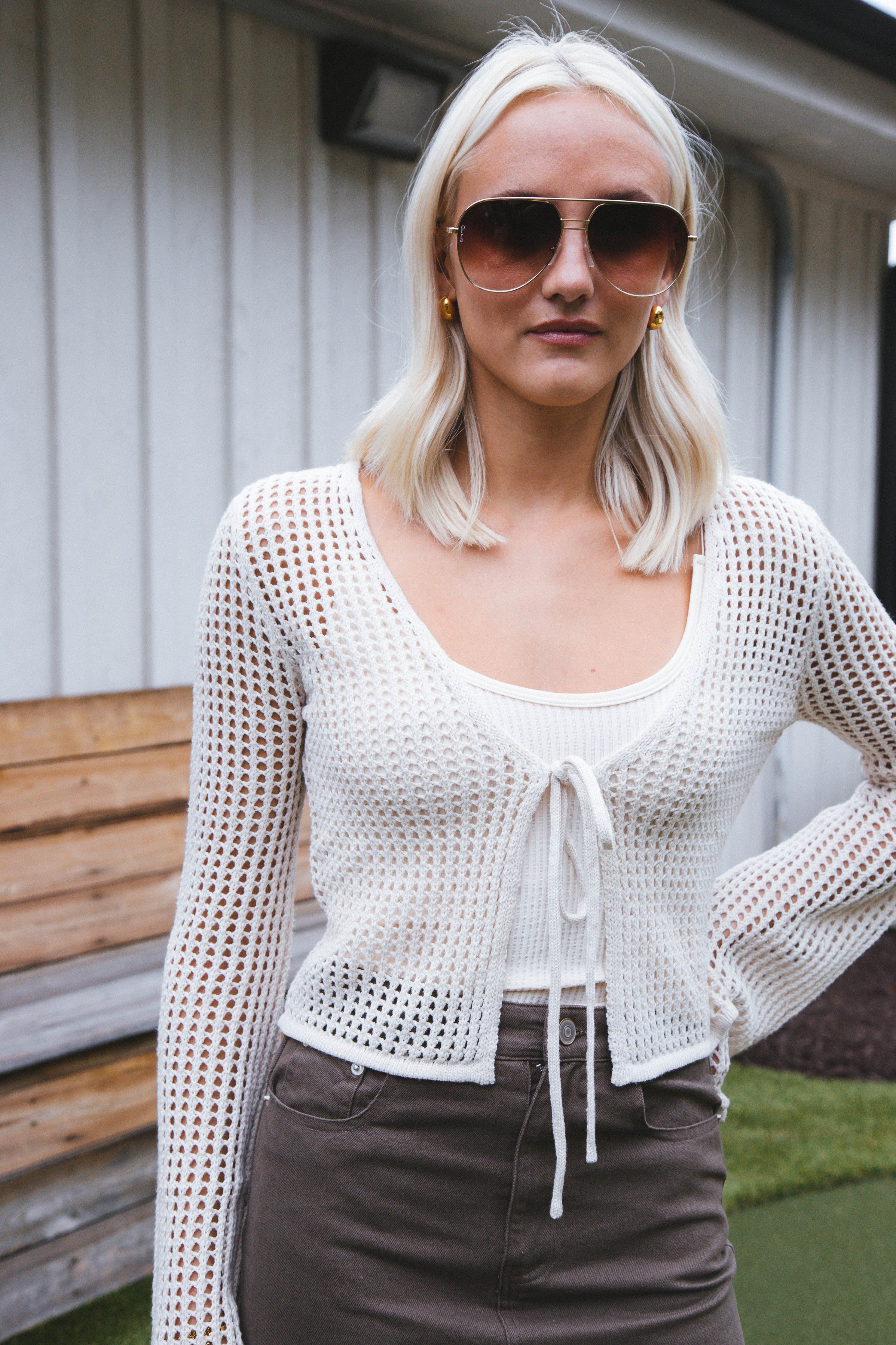 Sincerely Me Crochet Cardigan, Oatmeal sold by North & Main Clothing Company