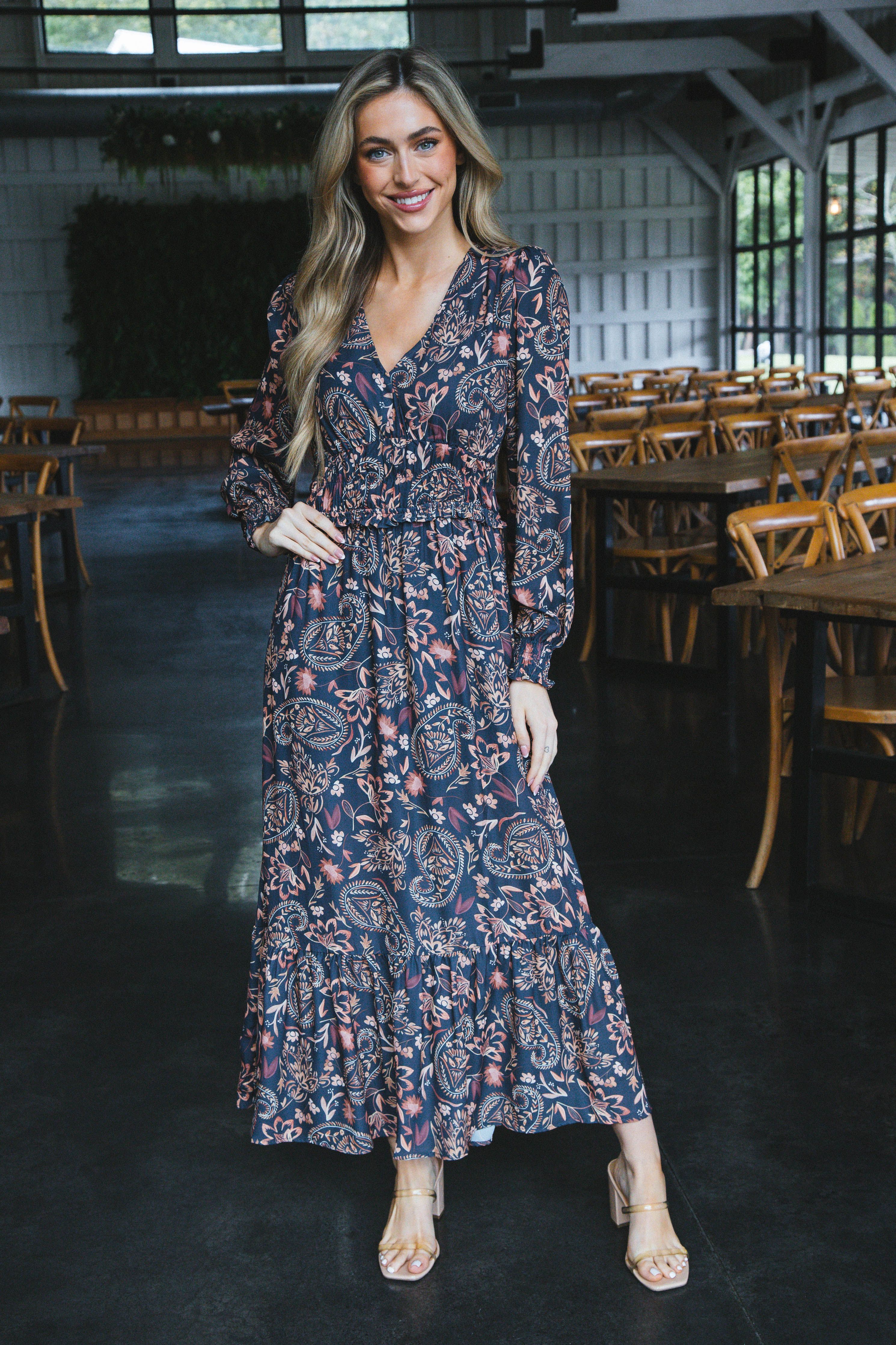 Bryn Paisley Maxi Dress, Navy/Brown sold by North & Main Clothing Company